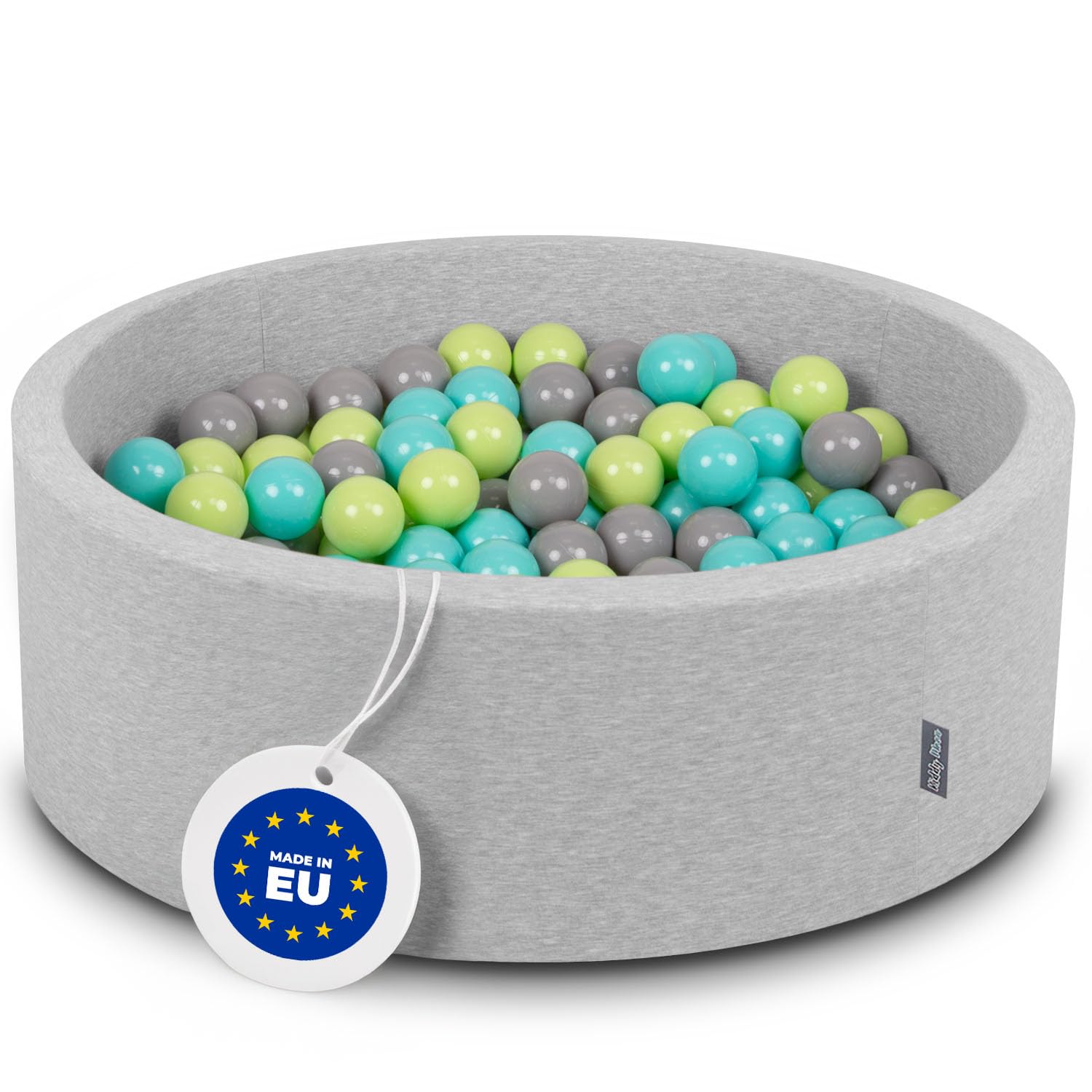 KiddyMoon 90X30cm/300 Balls ∅ 7Cm / 2.75In Baby Foam Ball Pit Made In EU, Light Grey:Light Green/Light Turquoise/Grey — image 1