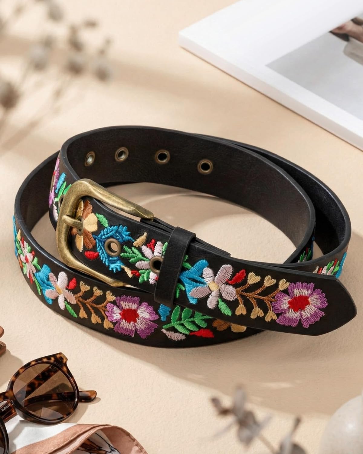 Geyoga Mexican Floral Belt Women Embroidered Western Boho PU Leather Fashion Belt for Dress Jeans Cinco De Mayo Luau Party