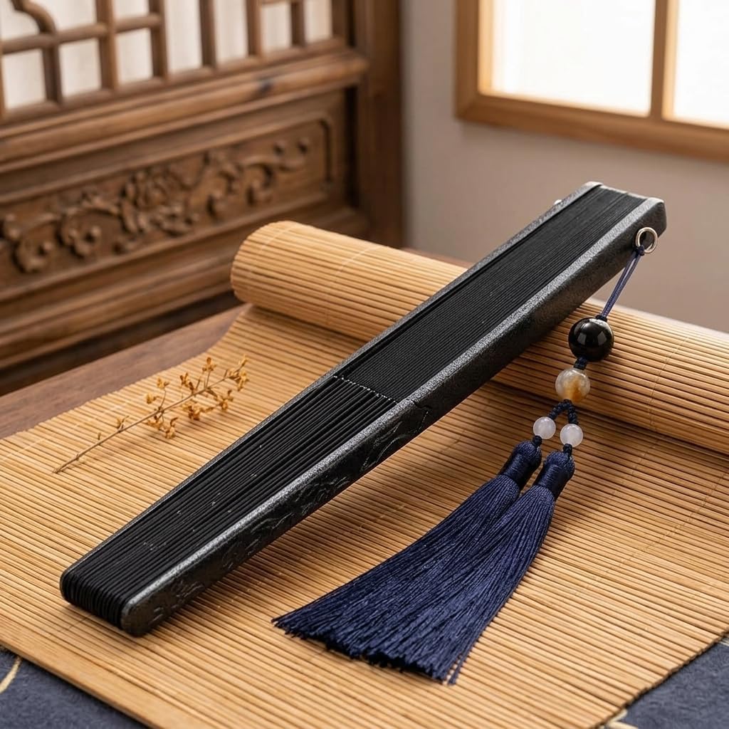 Metal Hand Fan 1 Piece Black Silk Cloth Tungsten Alloy