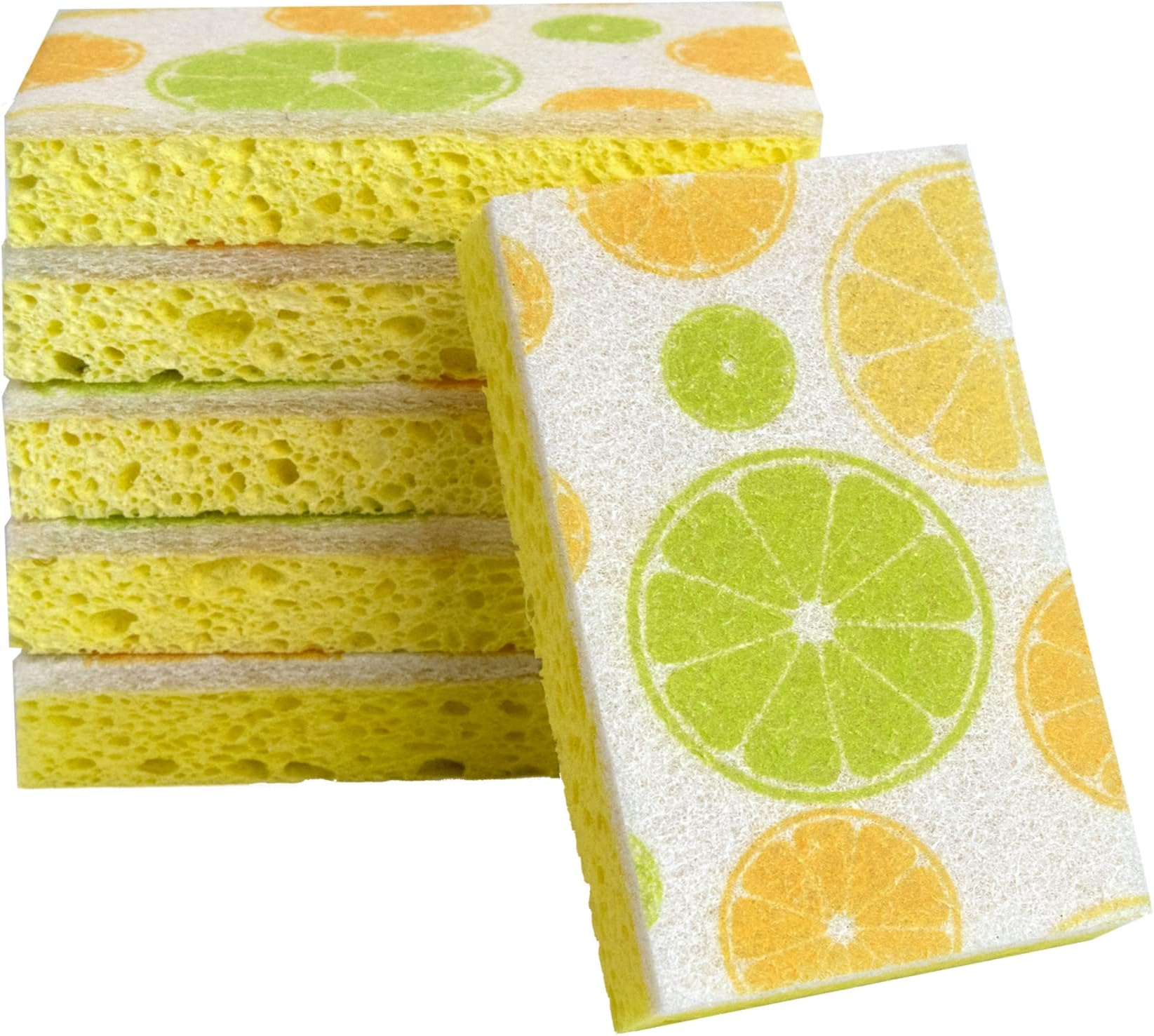 CELOX 6 Pack Lemon Printed Dual Sided Scrub Dish Sponges, Non Scratch Sponge for Kitchen Cleaning, 4.5" x 2.8" x 0.8"
