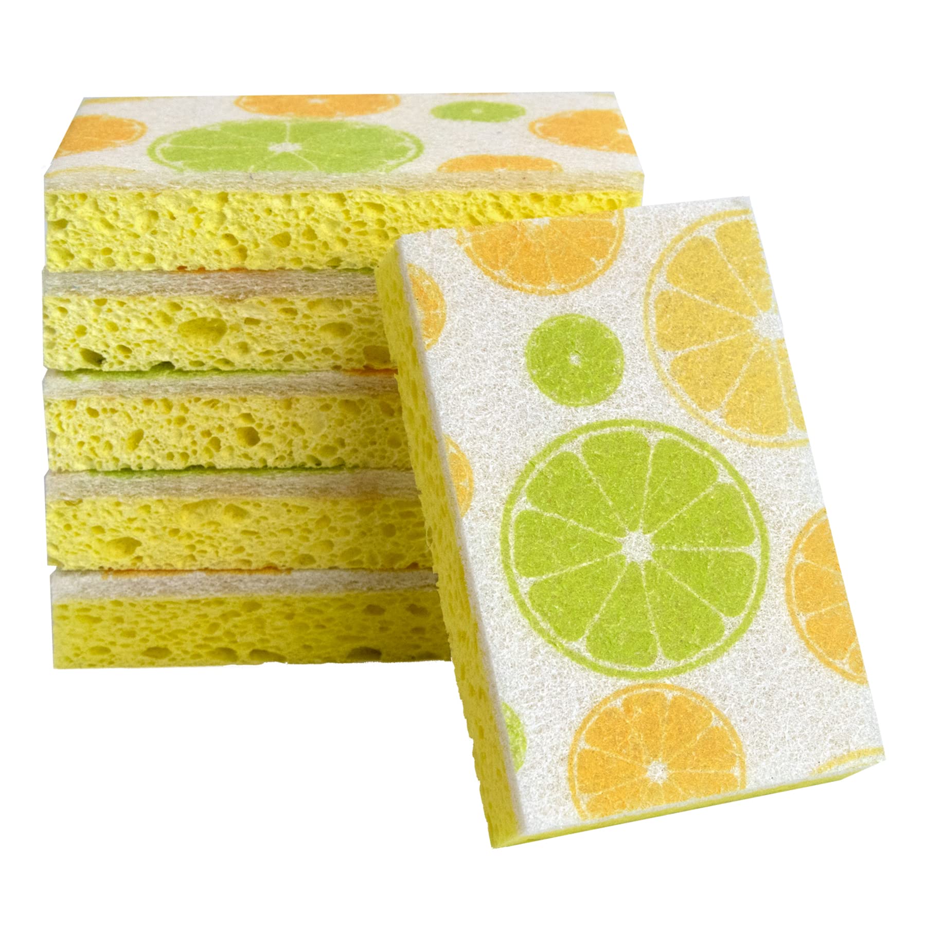 CELOXLemon Printed Dual Sided Scrub Dish Sponges, Non Scratch Sponge for Kitchen Cleaning, 4.5" x 2.8" x 0.8" (6)