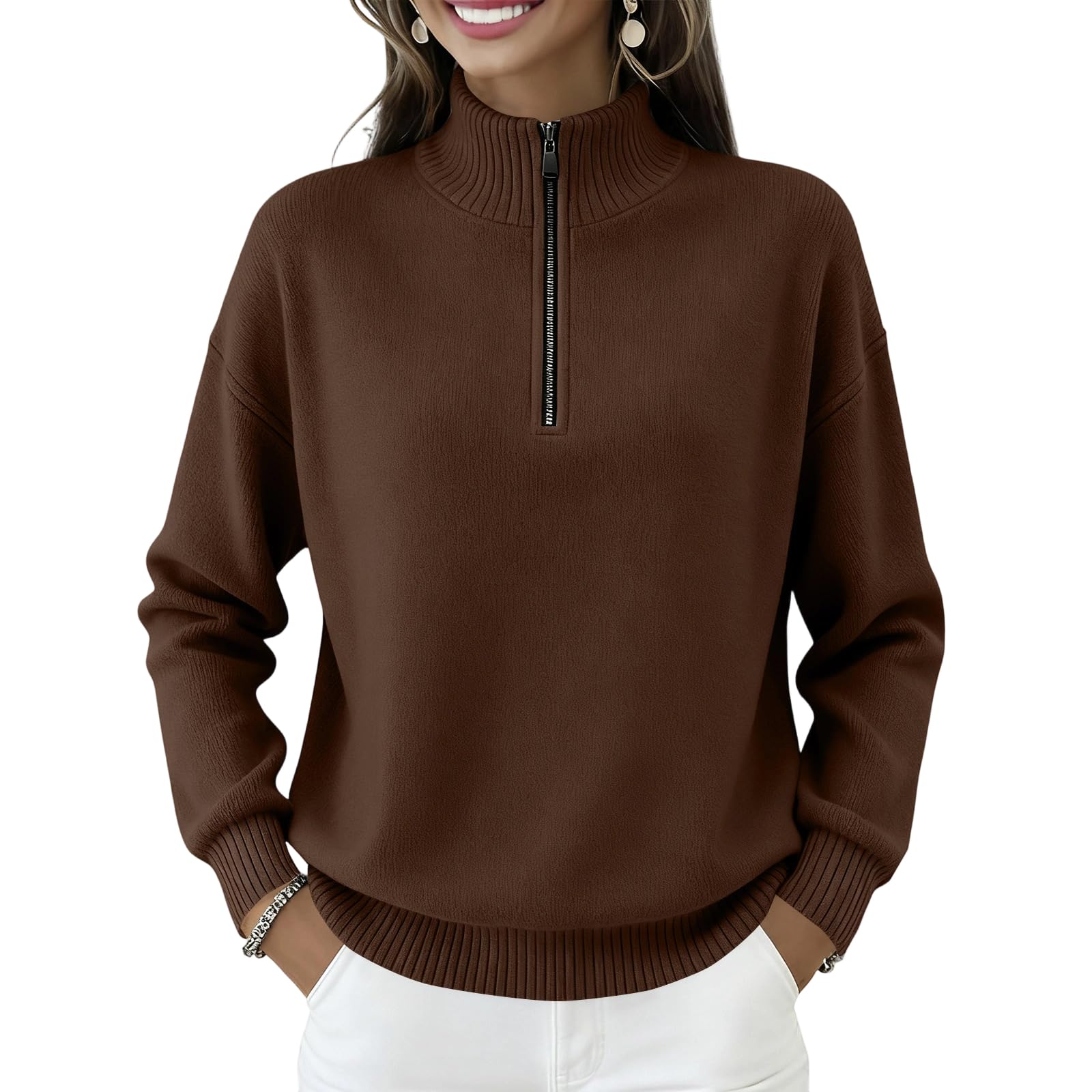 Half Zip Pullover Women Comfiest Airport Outfits High Neck Sweater Long Sleeve Casual Loose Fit Tops