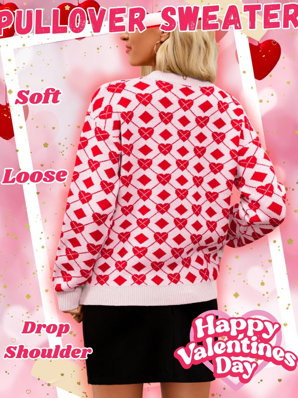 Heart Sweater,Diamond Patterned Valentines Sweaters for Women,Cute Vday Crewneck Knit Tops - Image 4