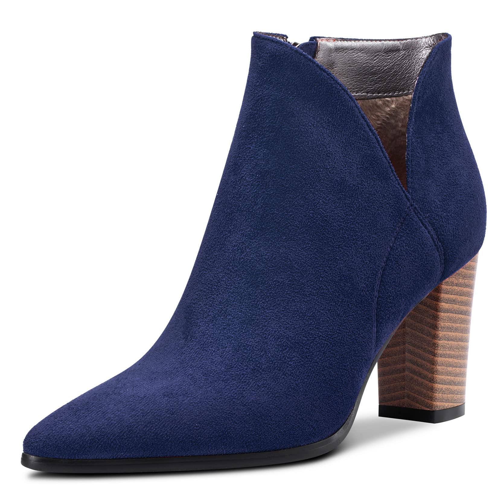 DearOnly Womens Short Bootie Ankle Boots Pointed Toe Block Chunky High Heel Suede Dress Shoes Vintage Classic Zipper