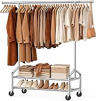 WATIOWL Heavy Duty Rolling Clothes Rack 650 lbs Capacity with 2 Shelves, Lockable Wheels, Metal Garment Rack for Bedroom Laundry Retail Silver