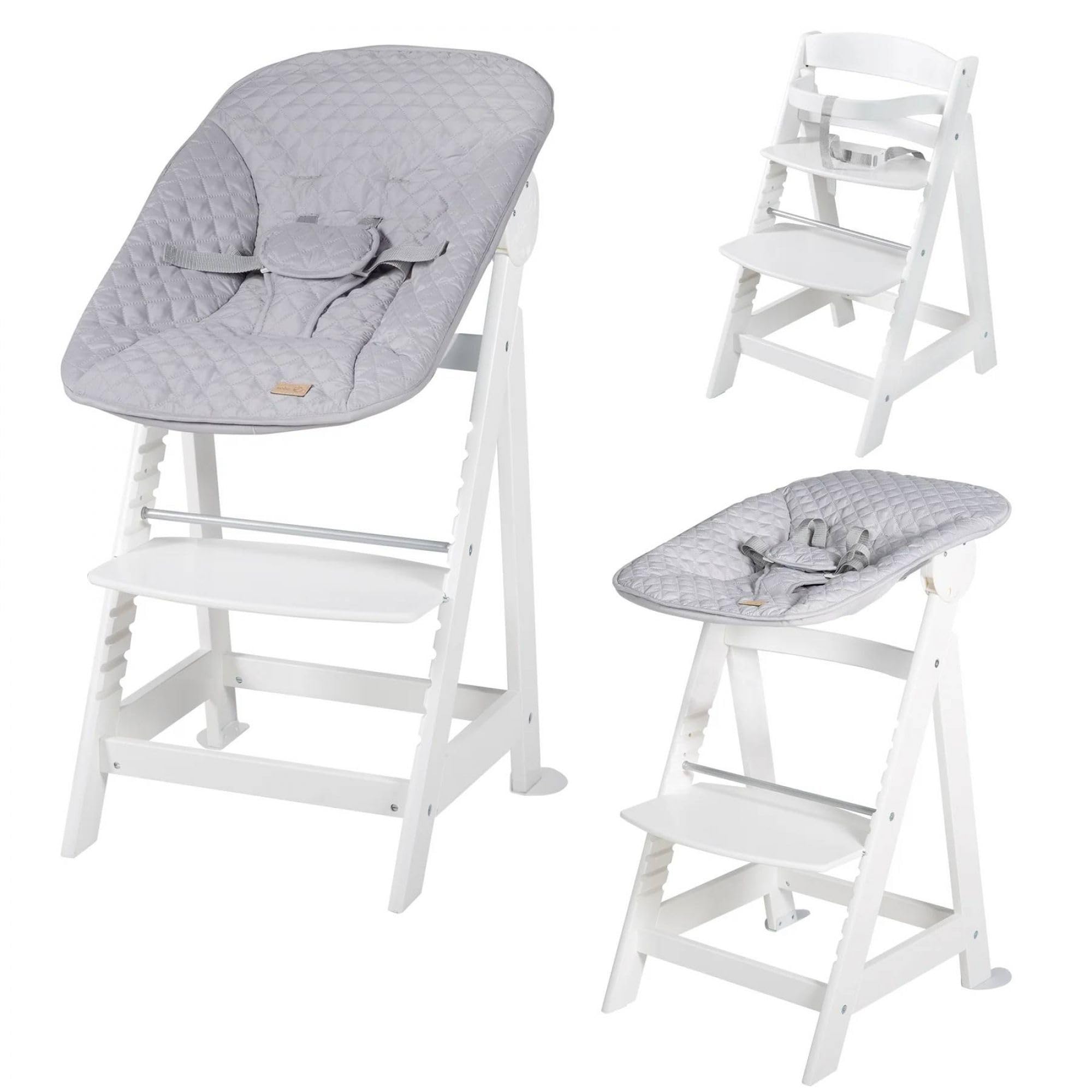 roba Born Up Children's High Chair Set 2in1 + Attachment for Newborns roba Style Grey - Baby High Chair with Reclining Function - from Birth - White Wood