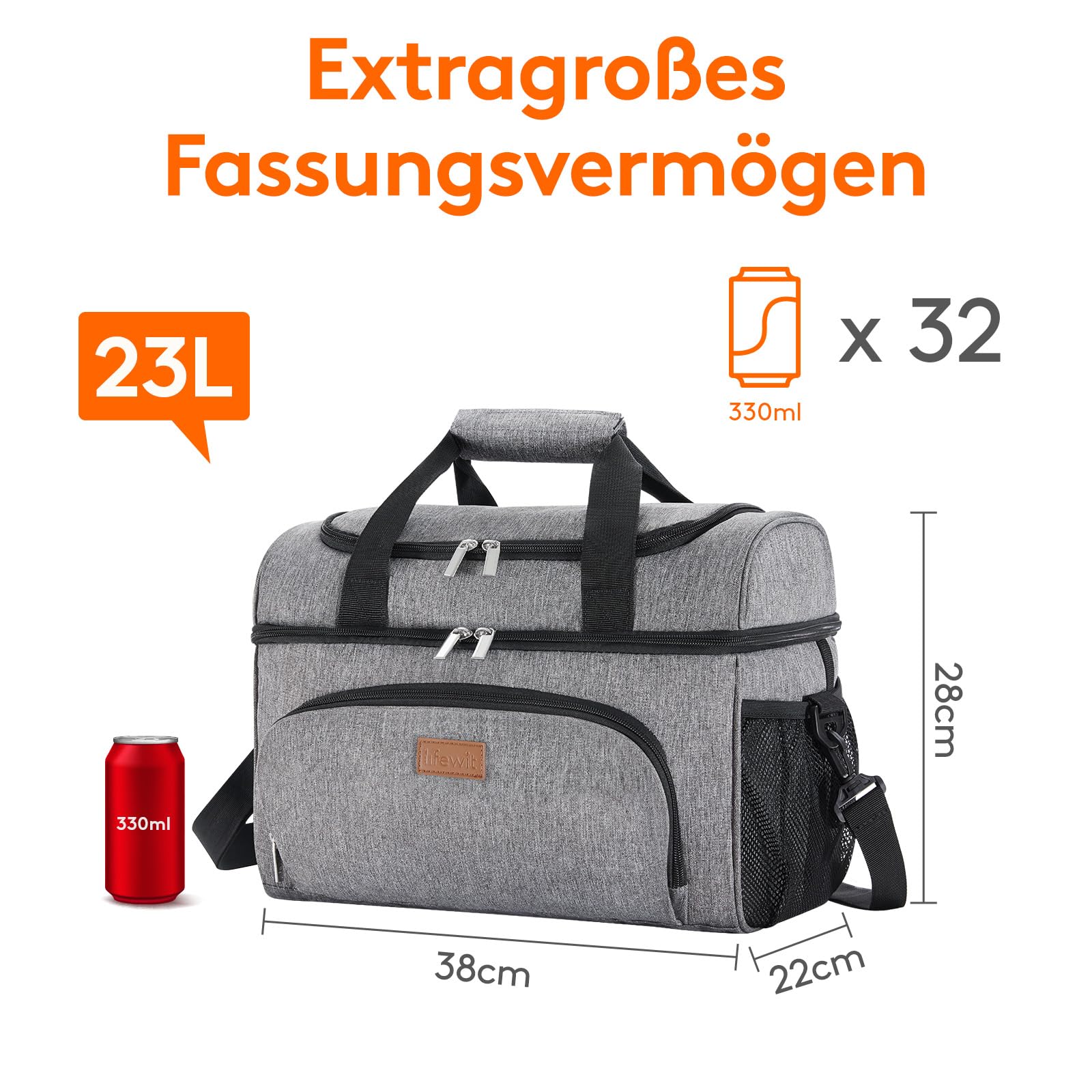 Lifewit Große Kühltasche 23L 32 Dosen, Kühlbox Faltbar, Isolierte Lunch Tasche, Leichte, Tragbare Kühltasche, Doppellagig für Picknick, Strand, Arbeit, Reise, Grau