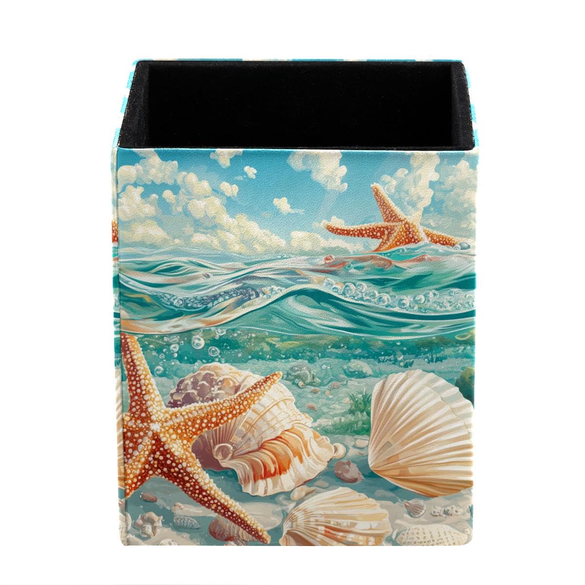 HEOEH Ocean Shell Starfish Pen Holder Pen Pot, Square Pencil Cup for Desk