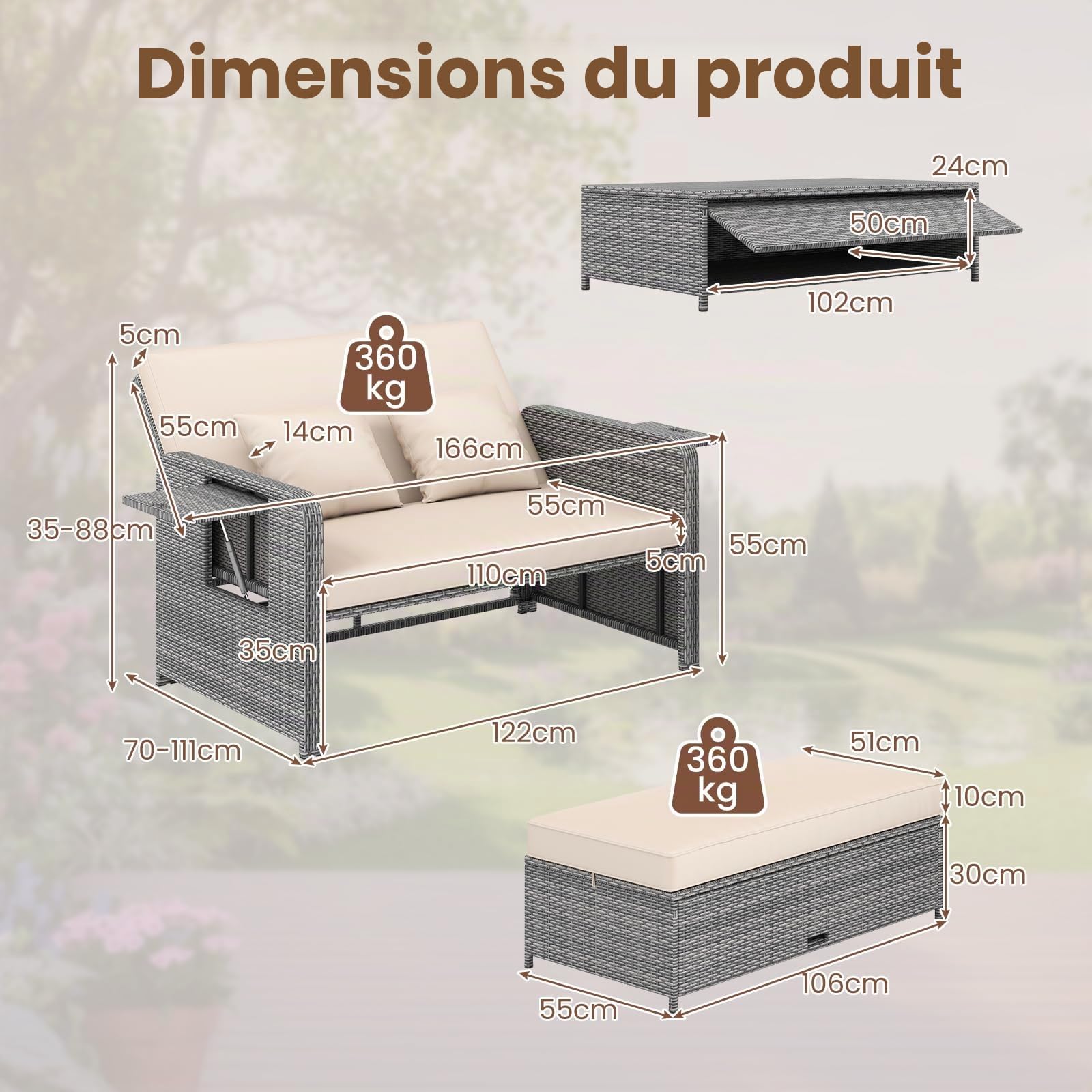 GIANTEX Canape Exterieur Jardin 2 Pièces, Canapé de Jardin 2 Places en Rotin PE, Ottoman de Rangement, Dossier Réglable, Tables d'Appoint Rétractables, Coussins Doux, pour Porche, Patio, Gris+Kaki