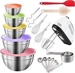 Ouvibyaz Batedeira Elétrica Manual De 7 Velocidades, Conjunto Com 5 Tigelas Grandes, Batedeiras Portáteis Batedores, Tigela Encaixe Metal Em Aço Inoxidável, Copos Medidores, Colheres, Liquidificador