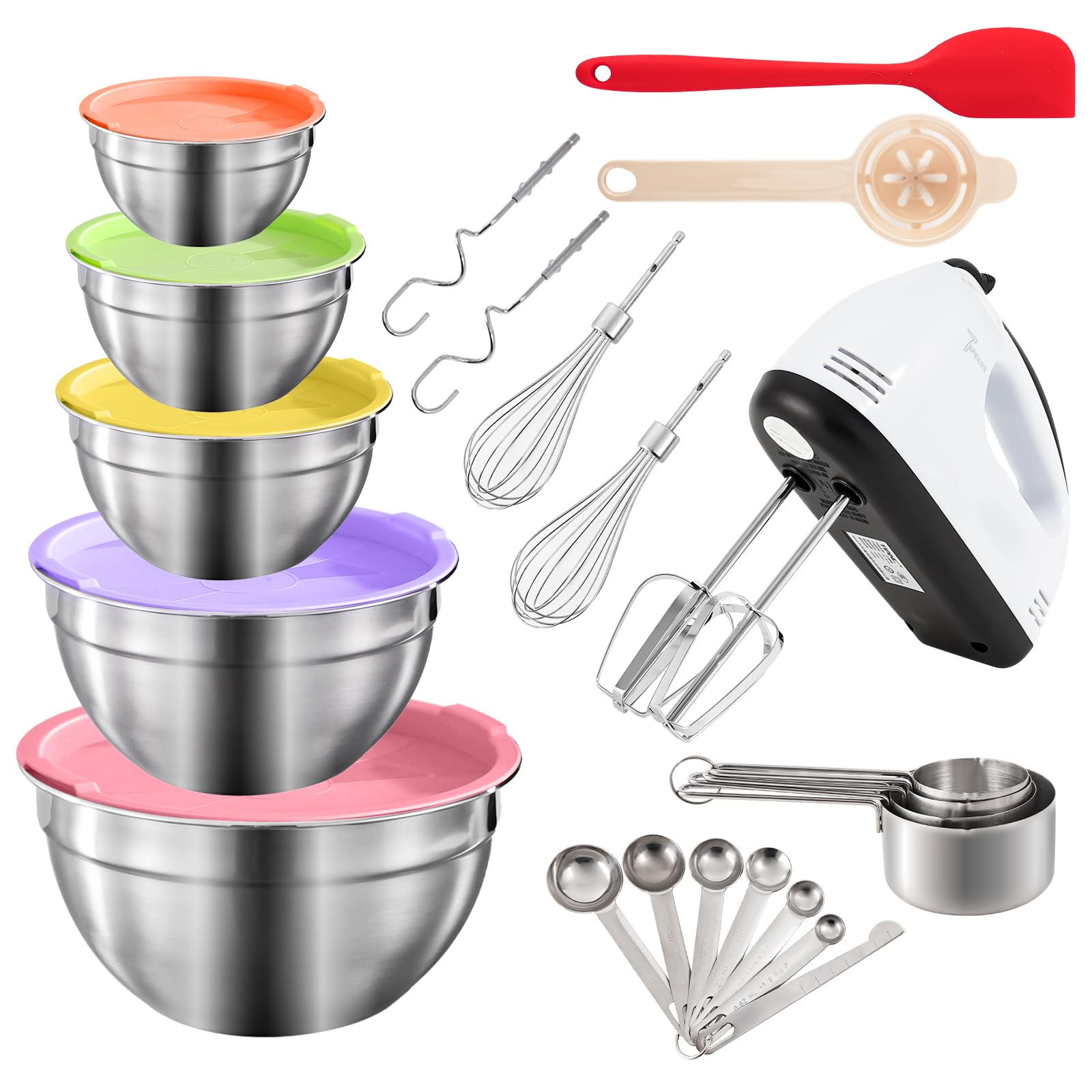 7-Speed Electric Hand Mixer 5 Large Mixing Bowls Set Handheld Mixers with Whisks Beater Stainless Steel Metal Nesting