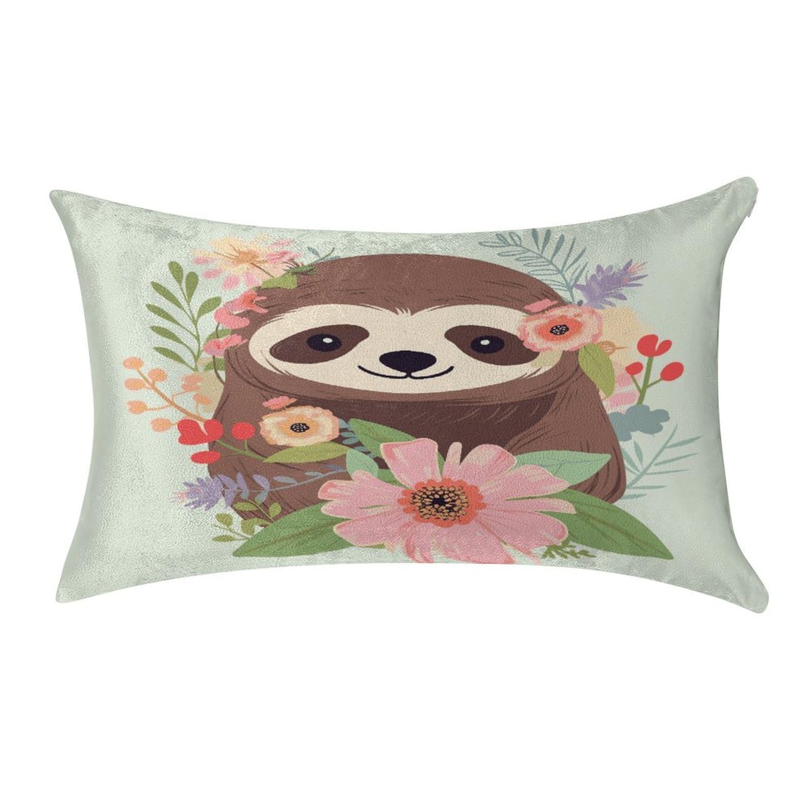 LDGSUPH Sloth and Flowers Velvet Throw Pillow Covers Cozy Pillow Shams Pillowcases Detachable Pillow Cases Soft Cushion Cover with Zipper for Sofa Car Bed Pillow Protectors 12 "×20 "