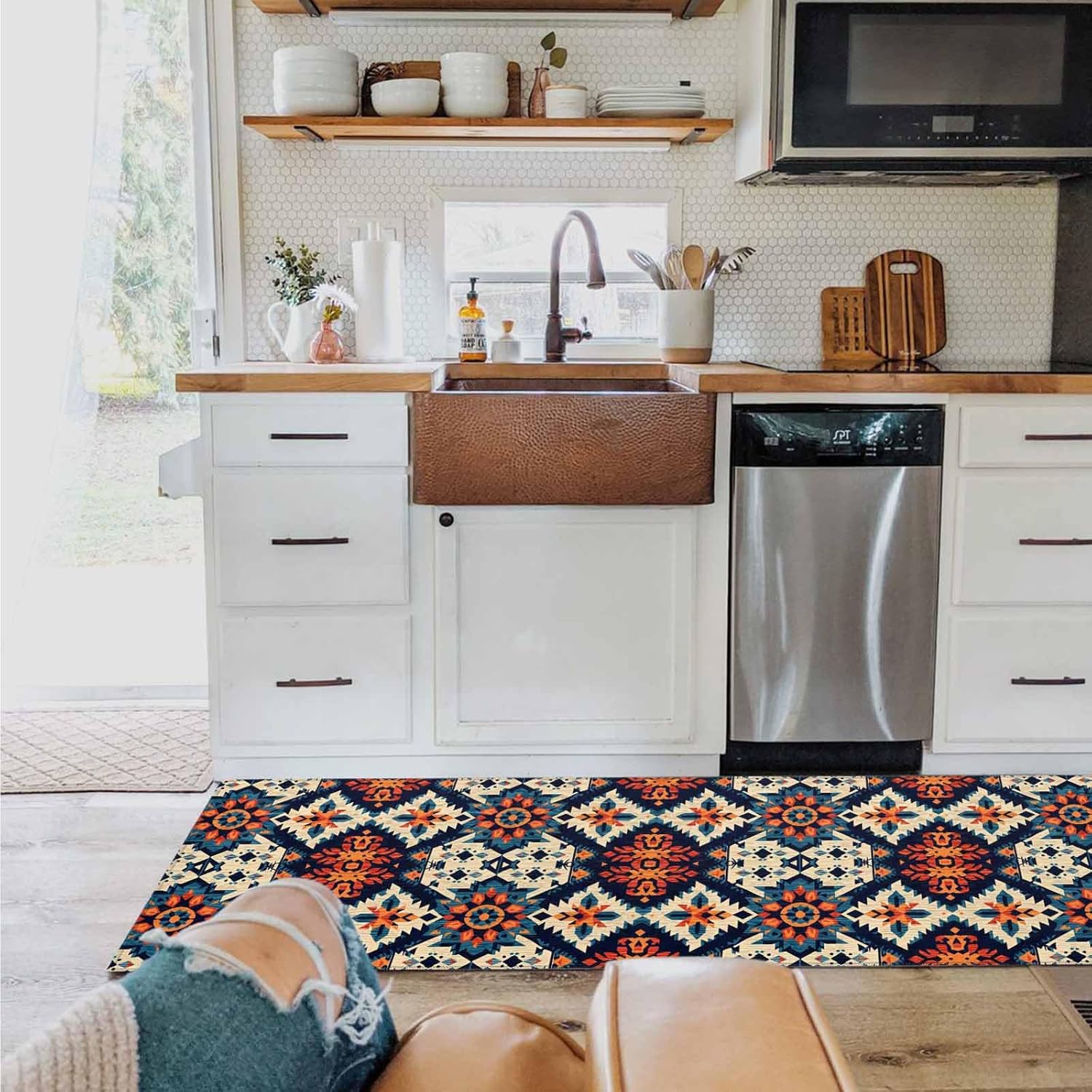 2 Pieces Kitchen Rugs and Mats,Abstract Retro Indian Tribal Pattern Area Runner Rug Set Non Slip Floor Doormat Washable Carpet Standing Mat for Kitchen Sink Indoor Corridor,Geometric Ethnic Art