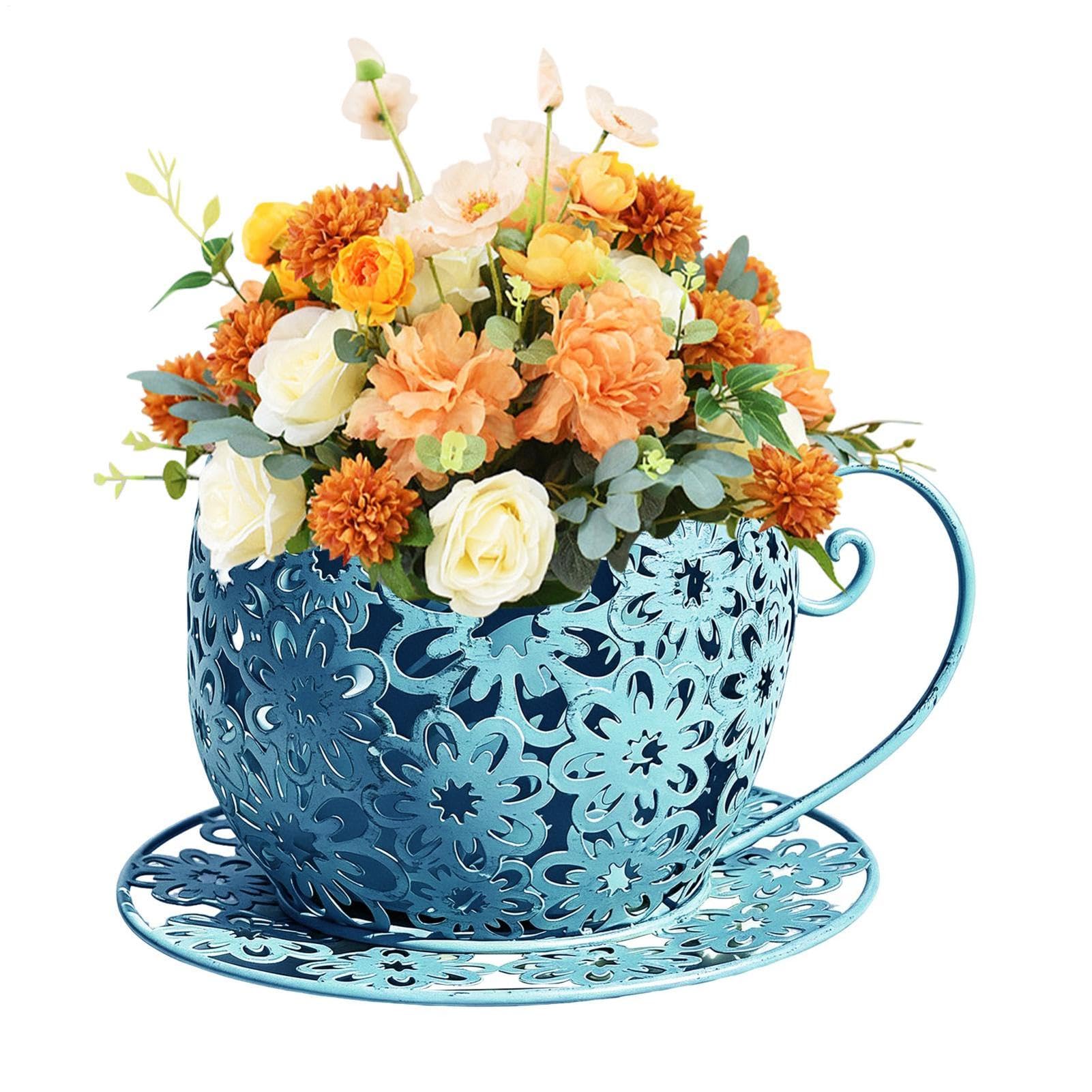 Planter Pots - 25x14.5cm Iron Teacup Flower Pot | Retro Hollow Plant Pots Wrought Iron Decorative For Indoor Outdoor Plants | Vintage Garden Planter For Home Garden Succuĺent Planting Decor