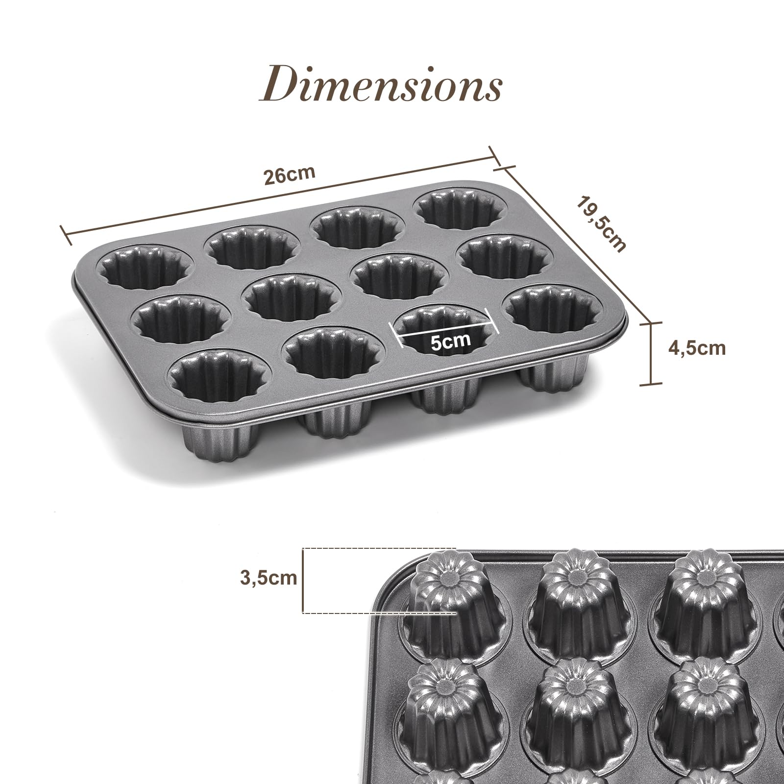 ROSSETTO Moule à Cannelés 12 Cavités en Acier Carbone – Moule à Gâteau Antiadhésif pour Four, Moule à Pâtisserie Résistant, Gris