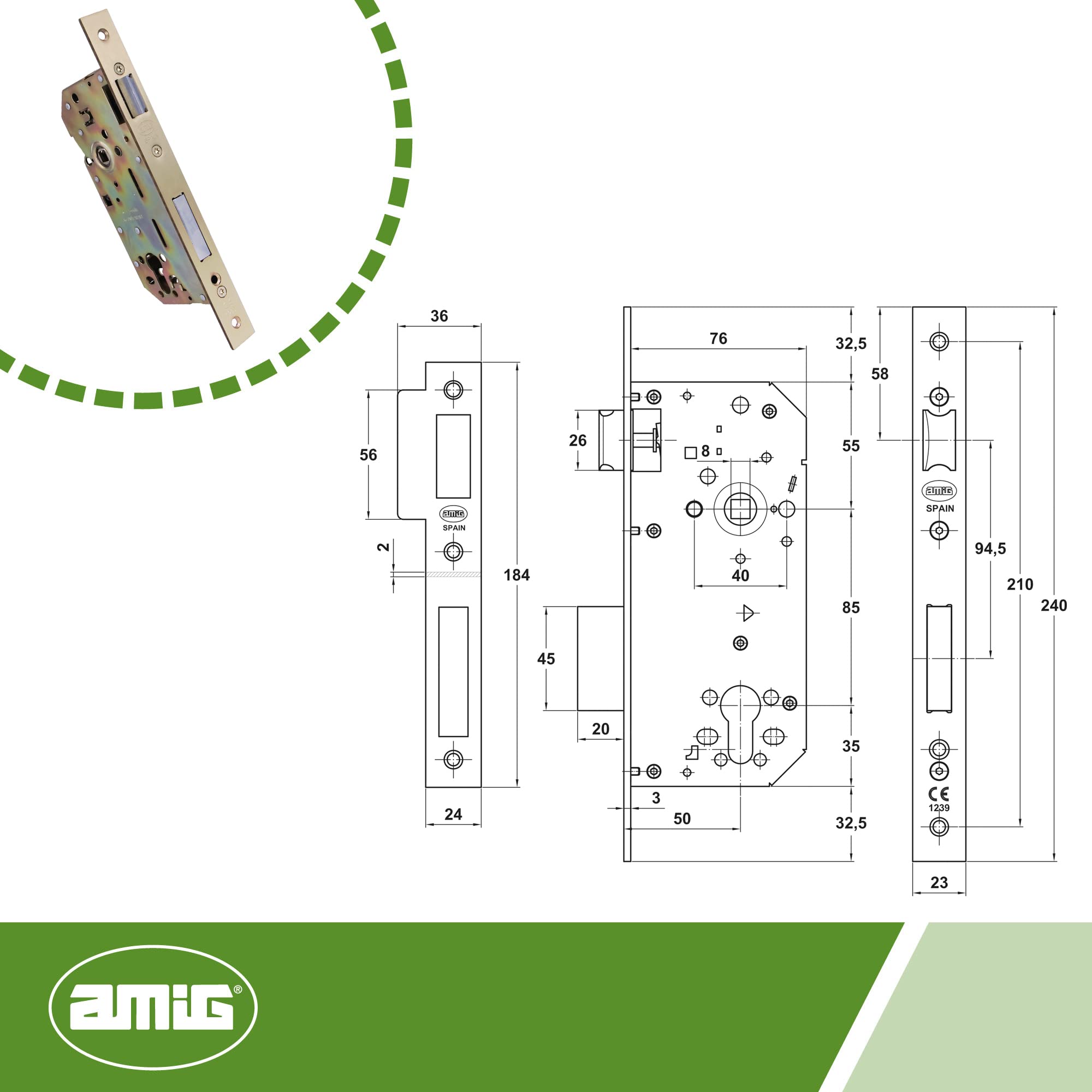 Amig, Mortise Lock for Wooden Doors, with Locking Palette, Square Edge Front and Bracket, 50mm Entry, Reversible Lever, Steel - Image 2