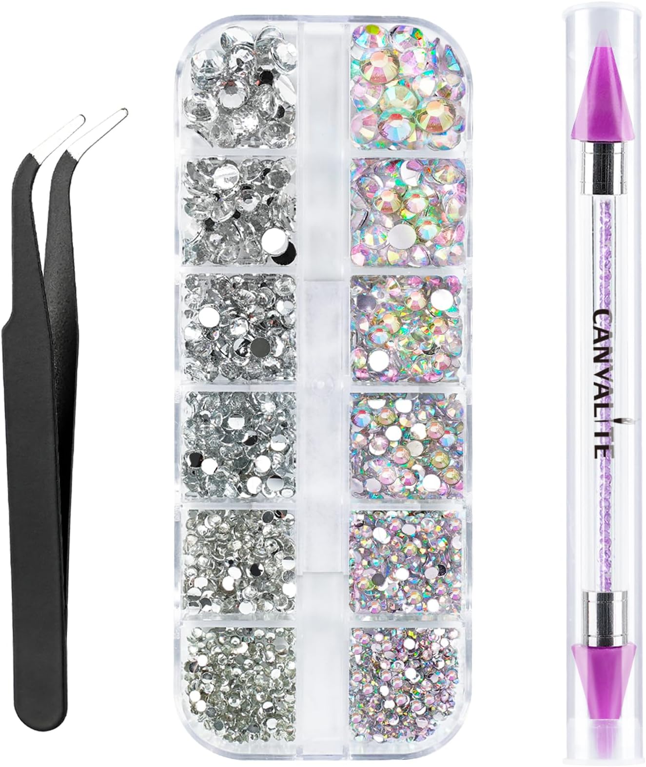 Canvalite 1500PCS Rhinestones in 6 Sizes Flat Back Gems, Crystal AB Nail Art Gems with Pick Up Tweezers and Rhinestone Picker Dotting Pen, Tools for Nails, Clothes, Face, Craft