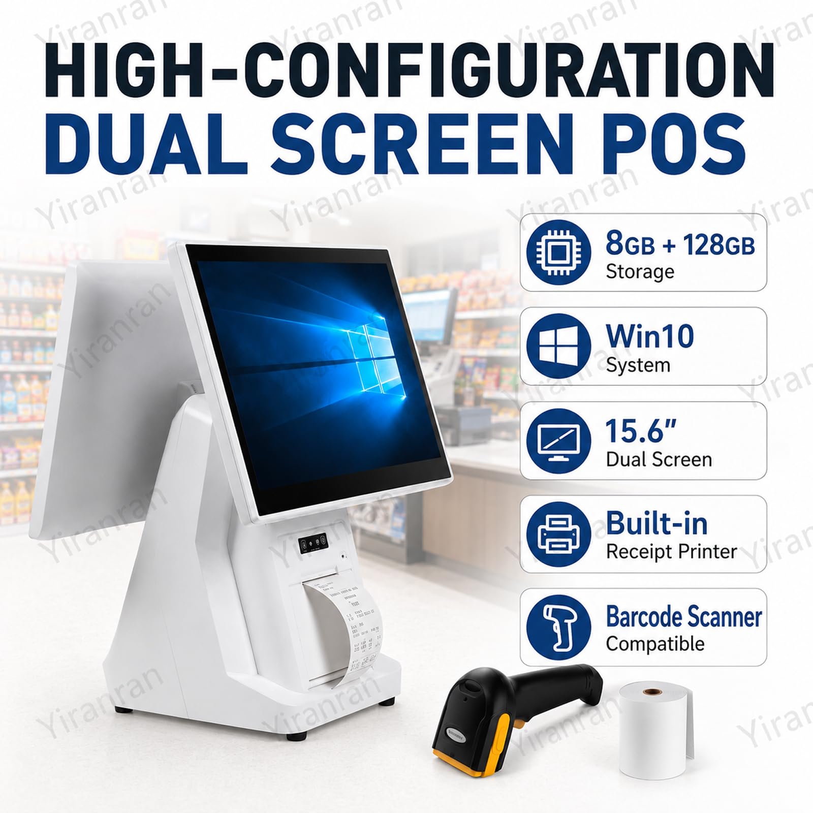 Caja registradora TPV todo en uno para pequeñas empresas, terminal TPV Windows con pantalla táctil dual de 15,6" e impresora de recibos integrada, 8 GB de RAM y 128 GB de almacenamiento, sistema de