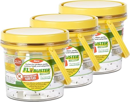 Flybuster Fly Trap | Outdoor Device for Catching Flies | 1-Liter Compact Size | 3 Pack | with Three Flytraps and 3 Bait Packets | 30,000 Fly Capacity | Non-Toxic | Child & Pet Safe