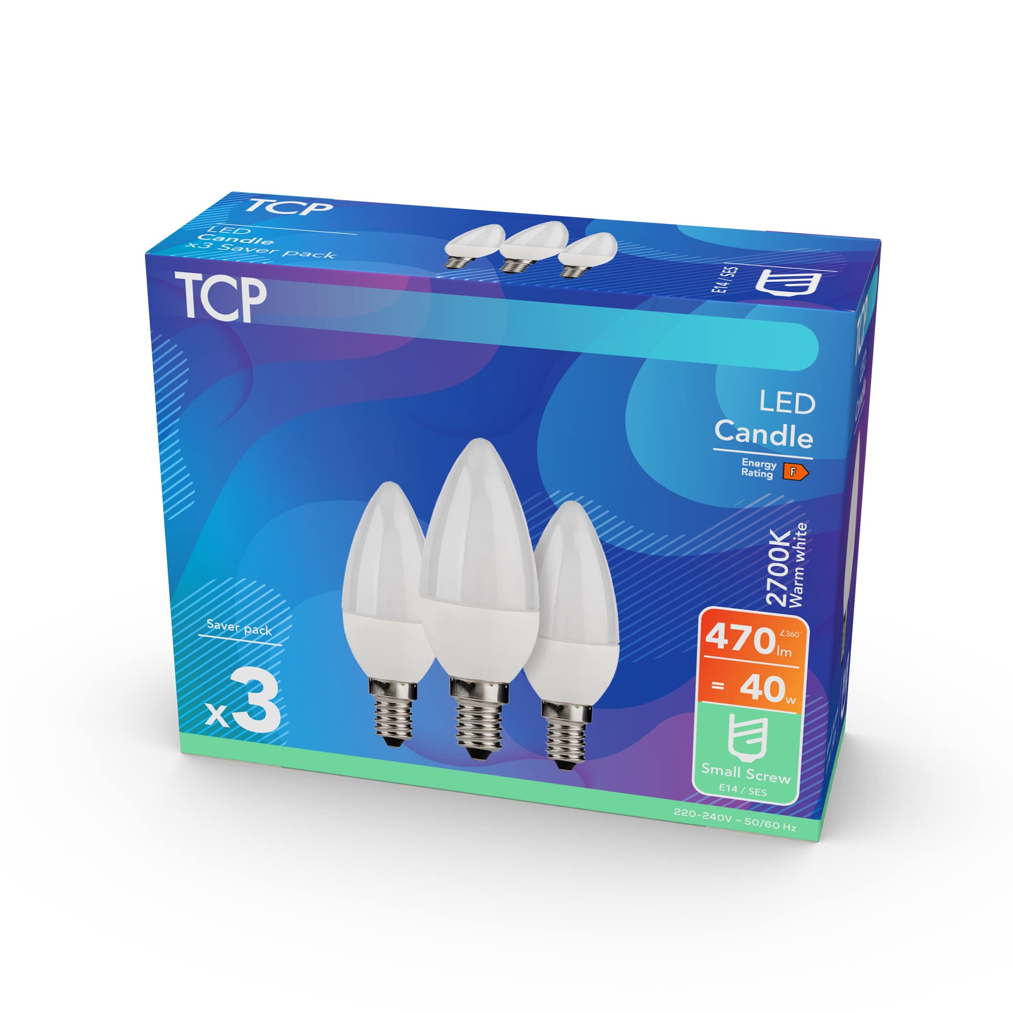 TCP40W 2700K 470L E14 LED Candle Small Screw Light Bulb 3-Piece Pack, Warm White