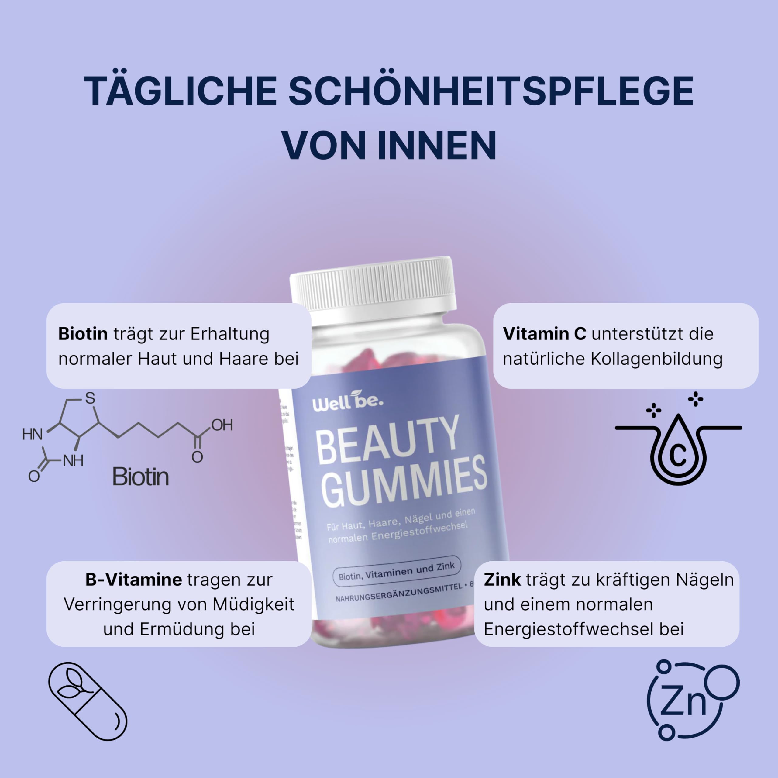 wellbe 3x60 Beauty Gummies – mit Biotin, Vitamin C, Zink & B-Vitaminen – Nahrungsergänzungsmittel für Haut, Haare & Nägel