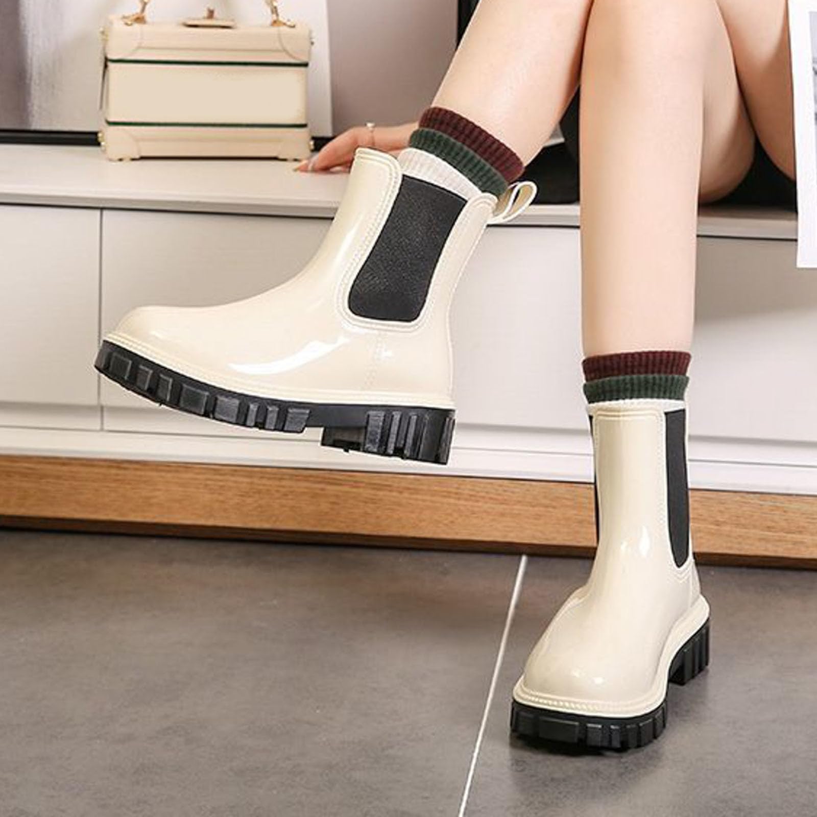 Botines para mujer forrados impermeables antideslizantes transpirables transpirables zapatos de lluvia comodidad jardinería zapatos de tacón medio
