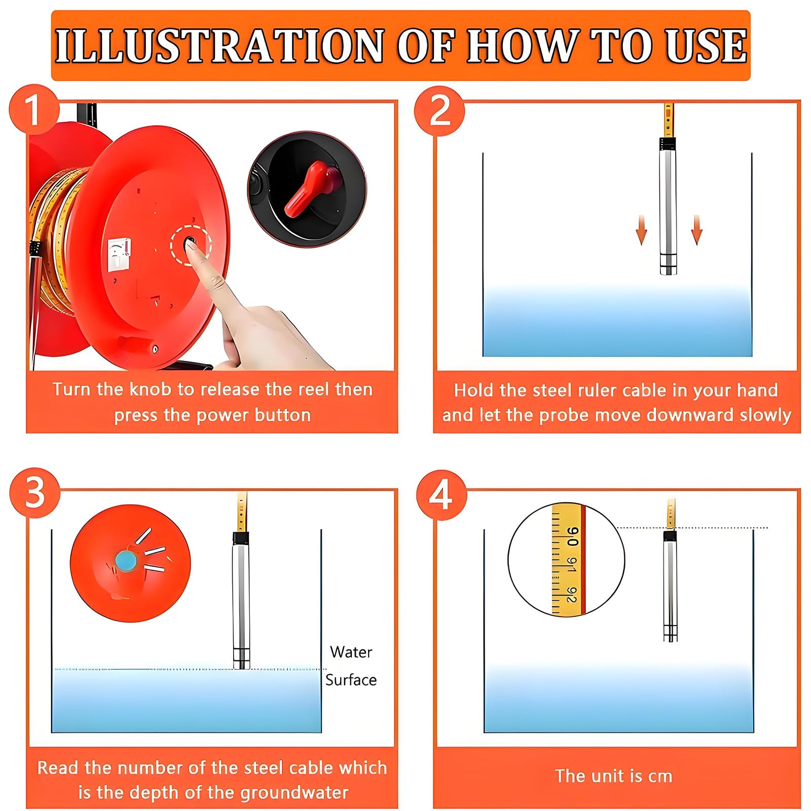 Medidor de nivel de agua, instrumento de medición de 10-300 m con sonda y cinta de acero para aguas subterráneas, pozos, perforaciones, depósitos y tuberías