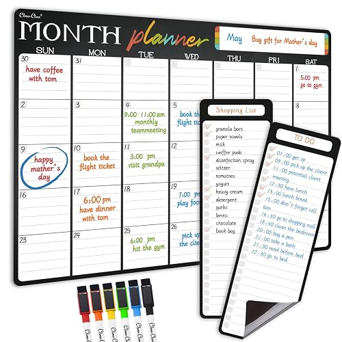 Magnetic Dry Erase Monthly Calendar - 17'x12' Monthly Calendar for Fridge - 4'x12' List Board 2 Pcs - 6 Extra Fine Point