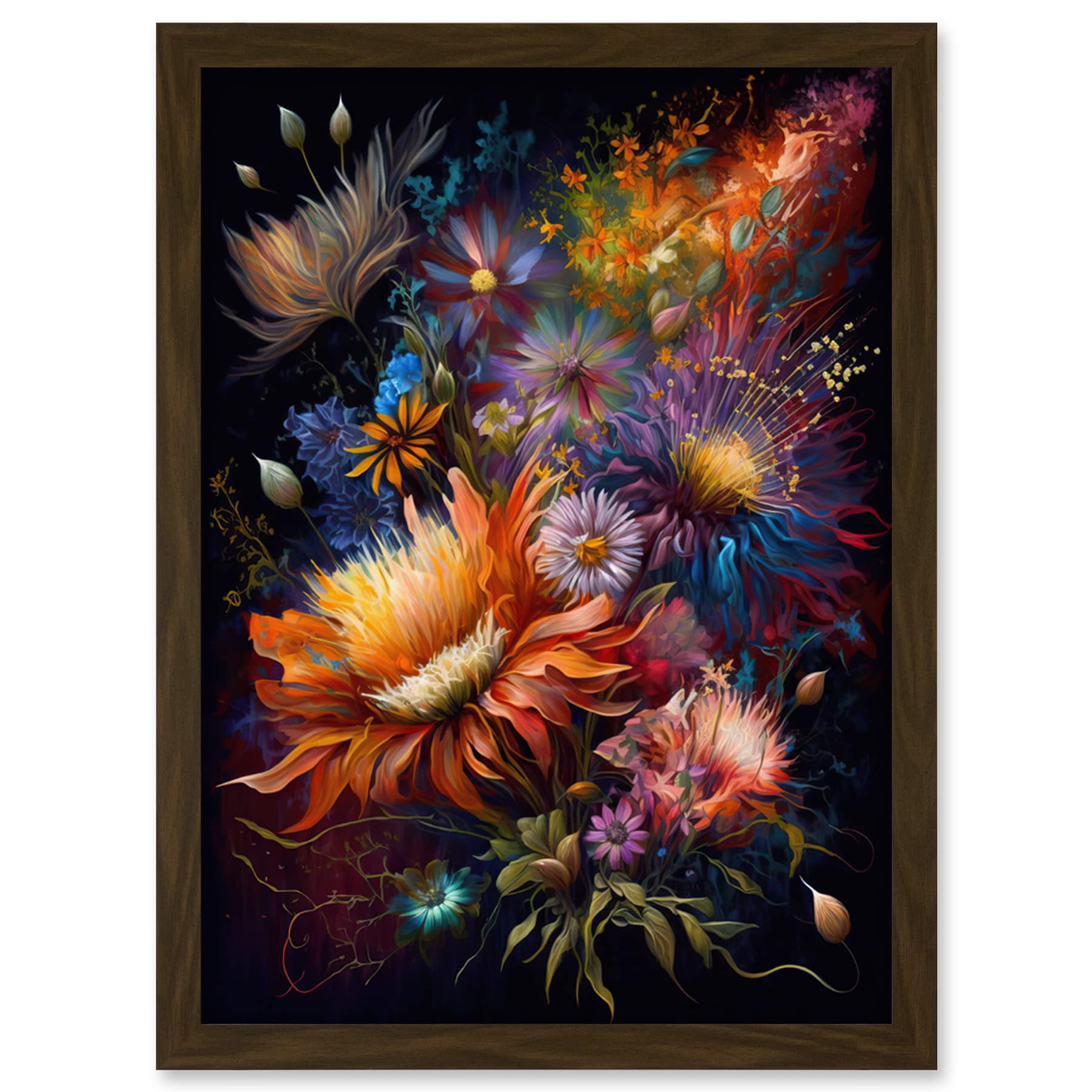 Artery8 Wildflower Bouquet Pink Blue Orange Floral Art Artwork Framed Wall Art Print A4
