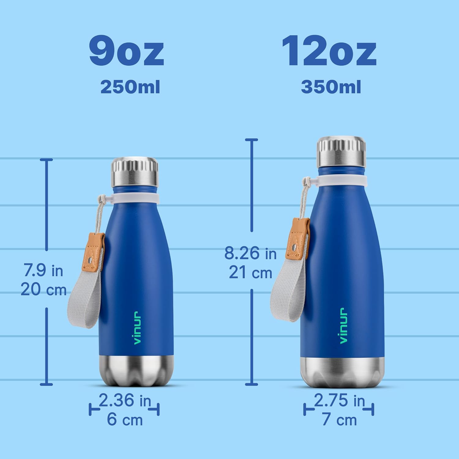 VINUR Kids Leak Proof Water Bottle-9 oz Stainless Steel Double Wall Vacuum Insulated Water Bottle for School-Cola Shape Flask with Carry Rope(Navy) - Image 5