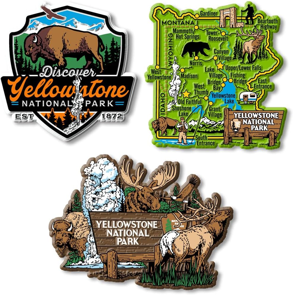 Yellowstone Set of 3 Magnets by Classic Magnets, Collectible Souvenirs Made in The USA