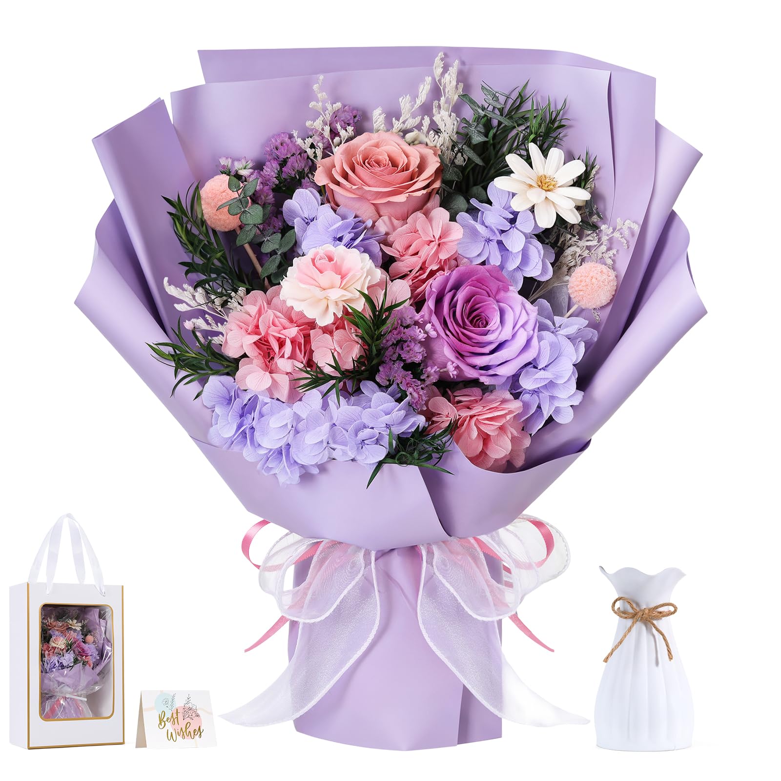 Lewondr Ramo de Flores Conservadas con Jarrón – 2 Rosas y Flores Reales, Ramo Rosas Eternas de Larga Duración, Regalo Eterno para Madre, Esposa, San Valentín Aniversario o Cumpleaños, Morado