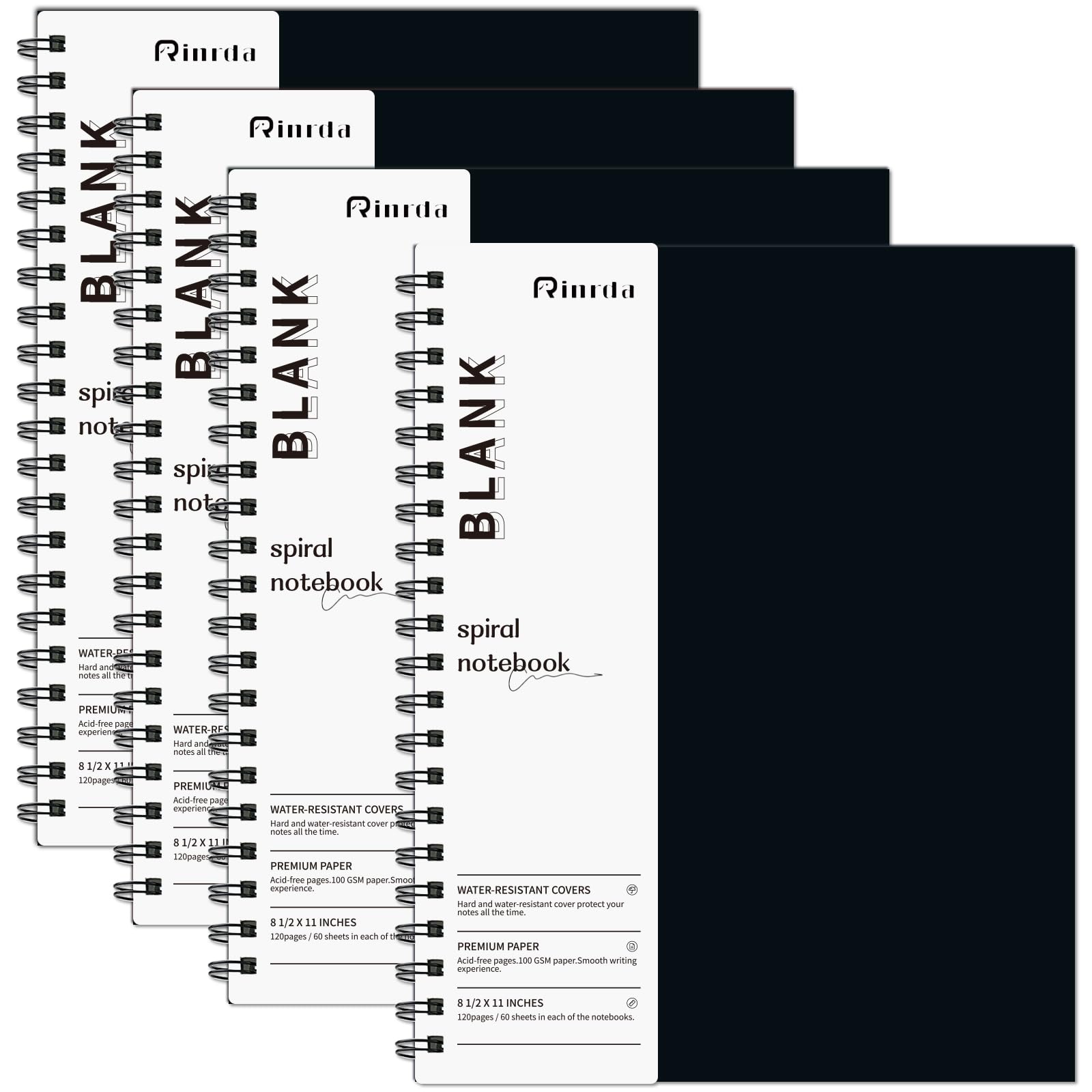 Rinrda Blank Spiral Notebook 8.5" x 11"-4 Pack unlined spiral notebook Blank Journal A4 Unlined Journals for drawing