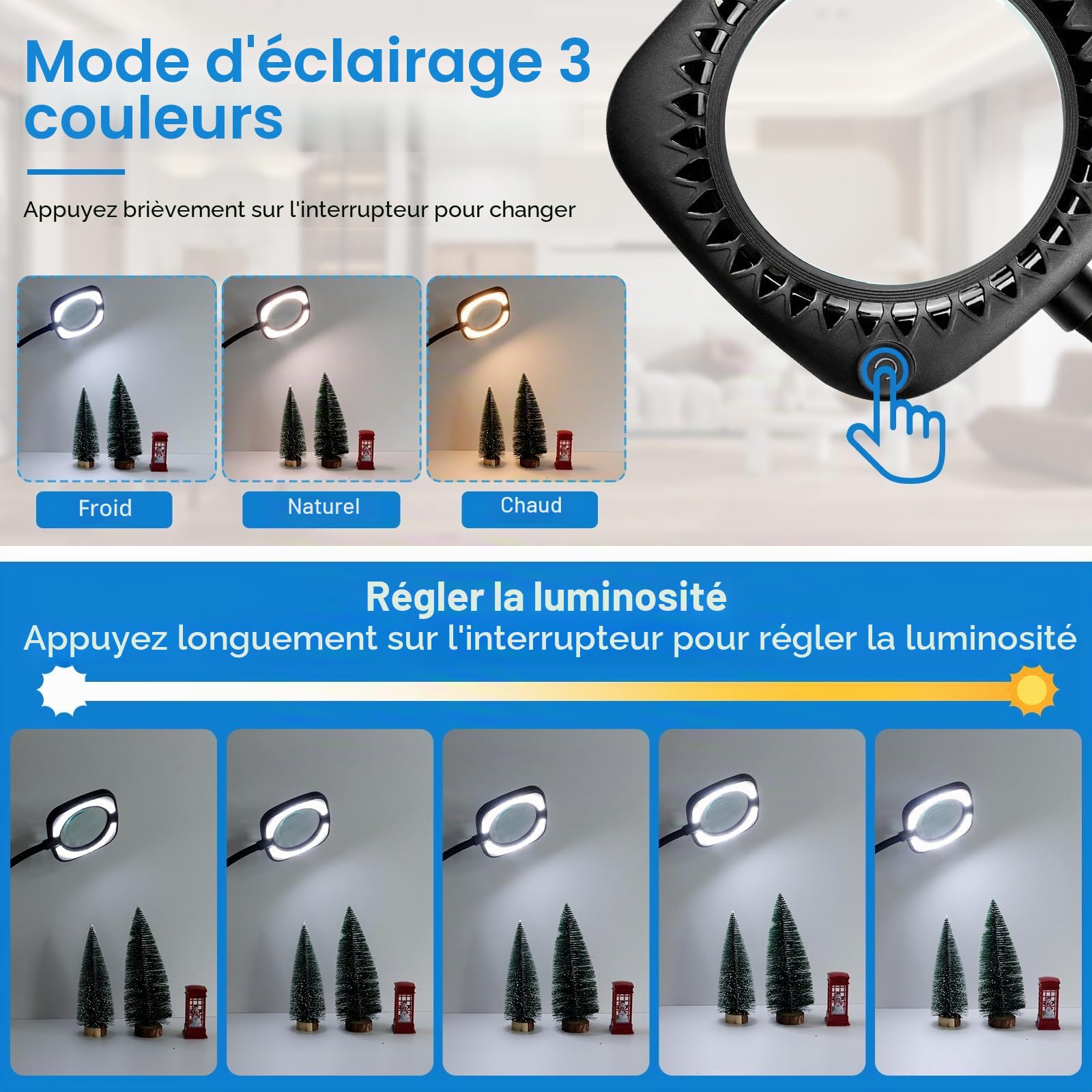 Loupe avec lumière et support - Lampe sur pied 8 LED avec 3 réglages de température de couleur - Lampe loupe avec 56 LED à intensité variable pour la lecture, les personnes âgées, les loisirs créatifs