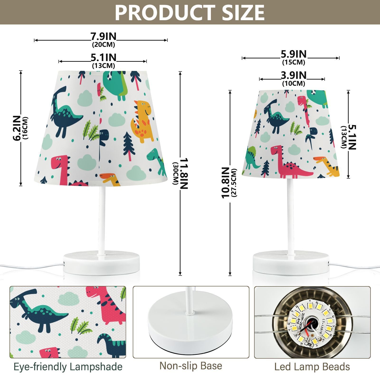 Mnsruu Lámpara de mesita de noche con diseño de dinosaurio infantil, bombillas LED, lámpara de escritorio, pantallas de tela para dormitorio, sala de estar, tamaño mediano