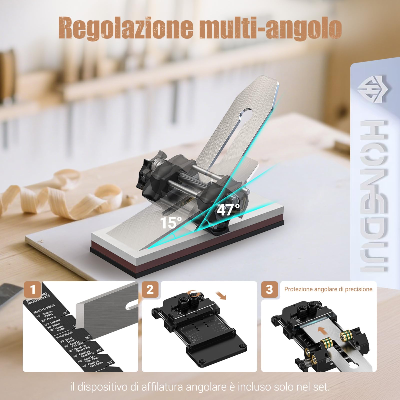 HONGDUI Kit di Affilatura per Scalpelli con Guida di Affilatura, Fisse Angolare & Calibro Angolare, Affilatore per Scalpelli/Piani (0,1"-3,2"), Attrezzo Falegname Professionale