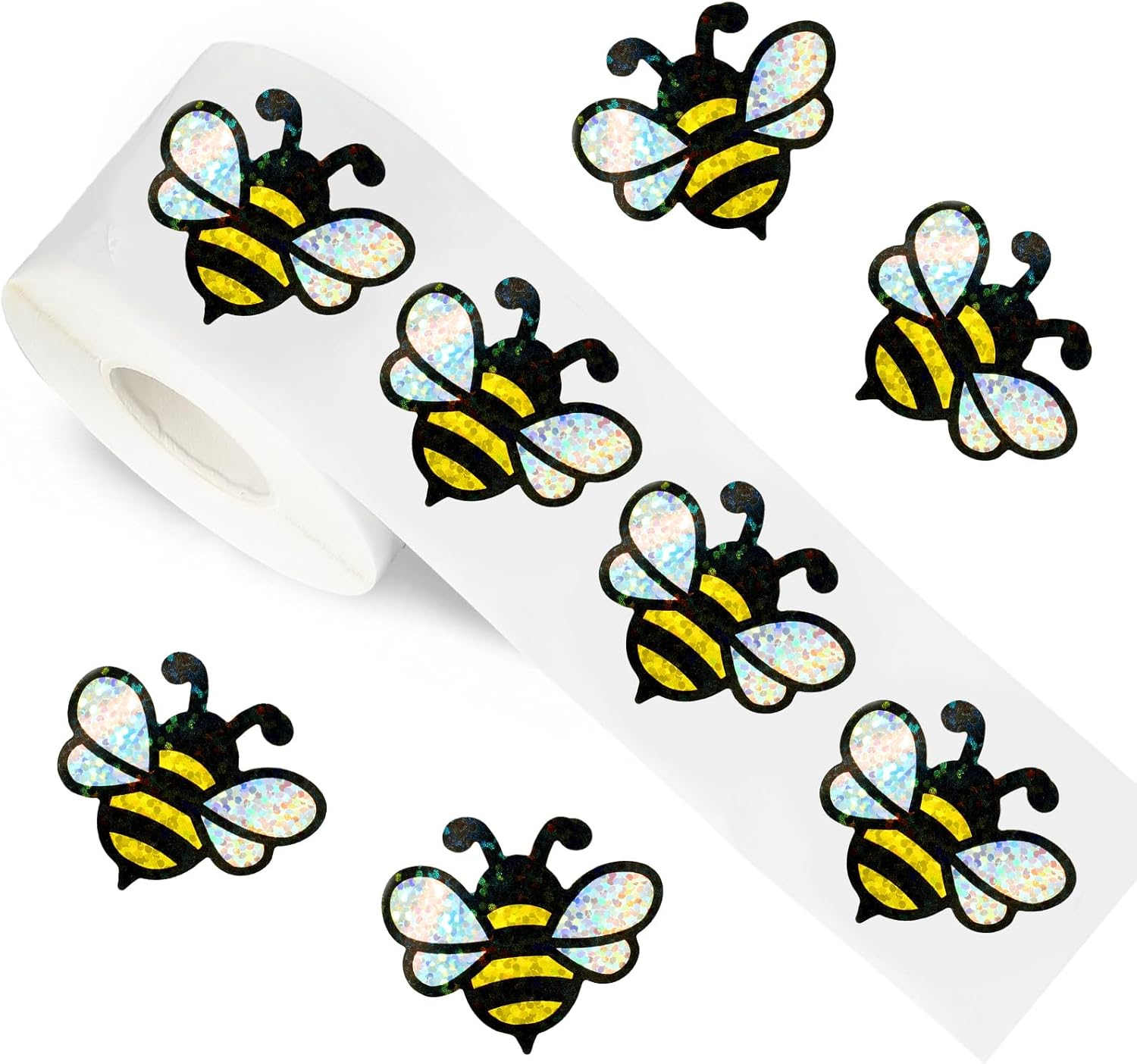 FYSUIMU 500Pcs Bee Stickers 1.5 Inch Summer Holographic Bumble Bee Sticker Decals Roll Sparkly Honeybee Reward Labels for School Classroom Office Planner Envelope Scrapbook DIY Supplies