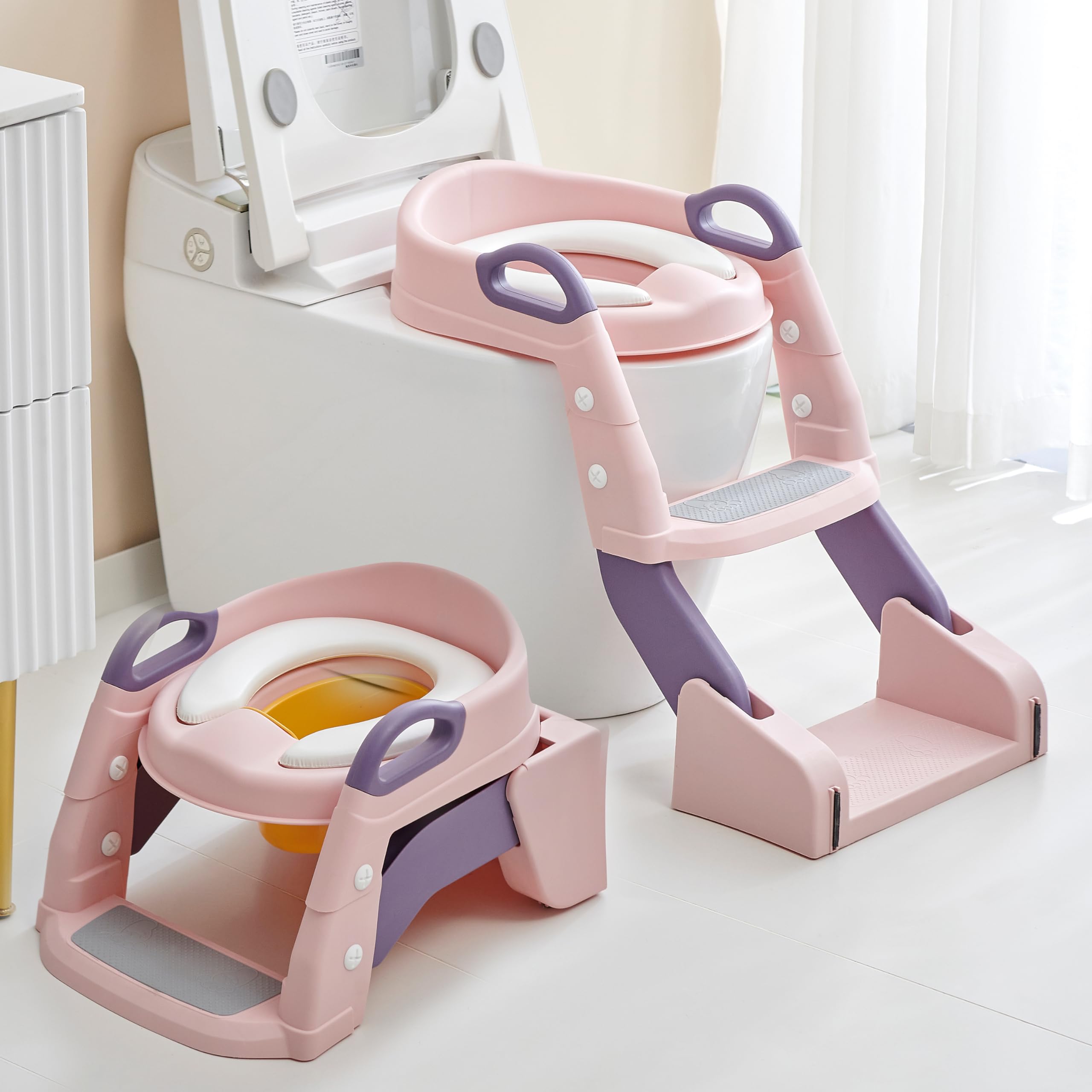Baybee Vega 3 In 1 Western Toilet Potty Seat For Kids, Baby Potty Training Seat Chair With Splash Guard, Handle, Ladder & Cushion Seat|Kids Toilet Seat|Potty Seat For 1-8 Years Child (Pink) - Plastic-picture-4