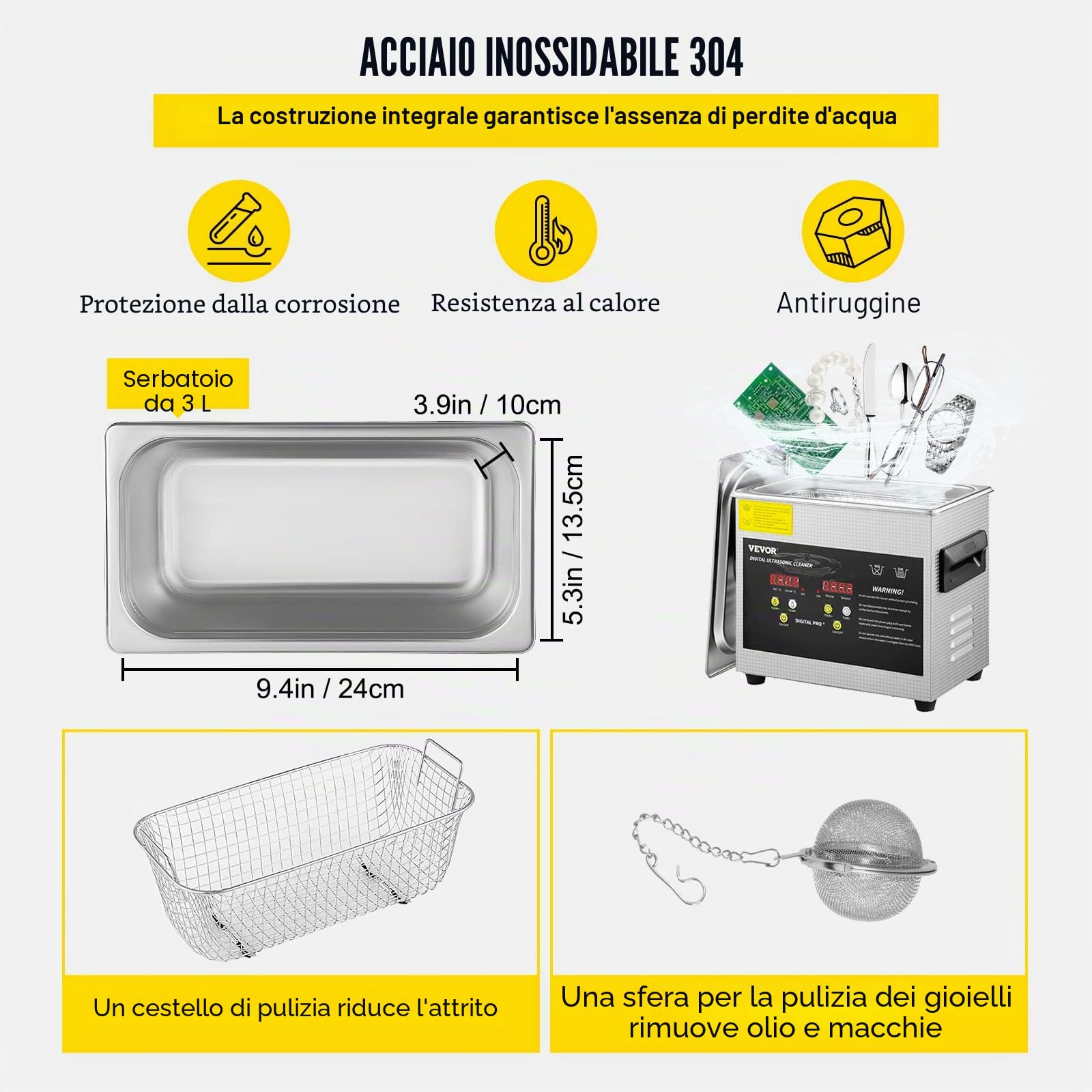 VEVOR Pulitore a Ultrasuoni 3 L Riscaldatore 200 W Ultrasuoni 120 W Digitale