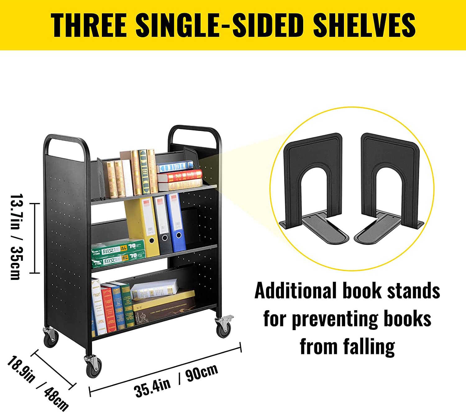 VEVOR Bücherwagen, 90 kg Bibliothekswagen, 125 x 90 x 48 cm Rollender Bücherwagen, doppelseitige, W-förmige, geneigte Regale mit feststellbaren Rädern für Heimregale, Büro, Schule