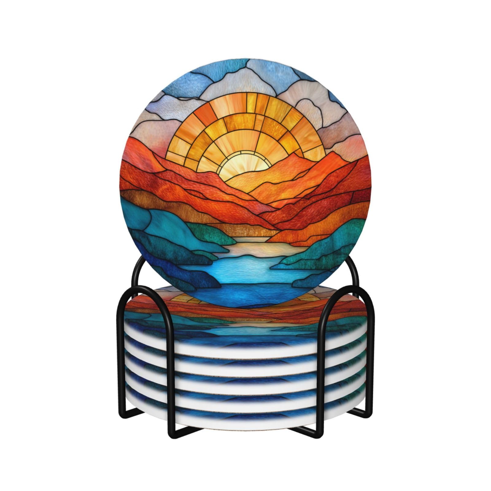 Colorful Sunrise with Mountains Ceramic Coasters with Holder 6ps