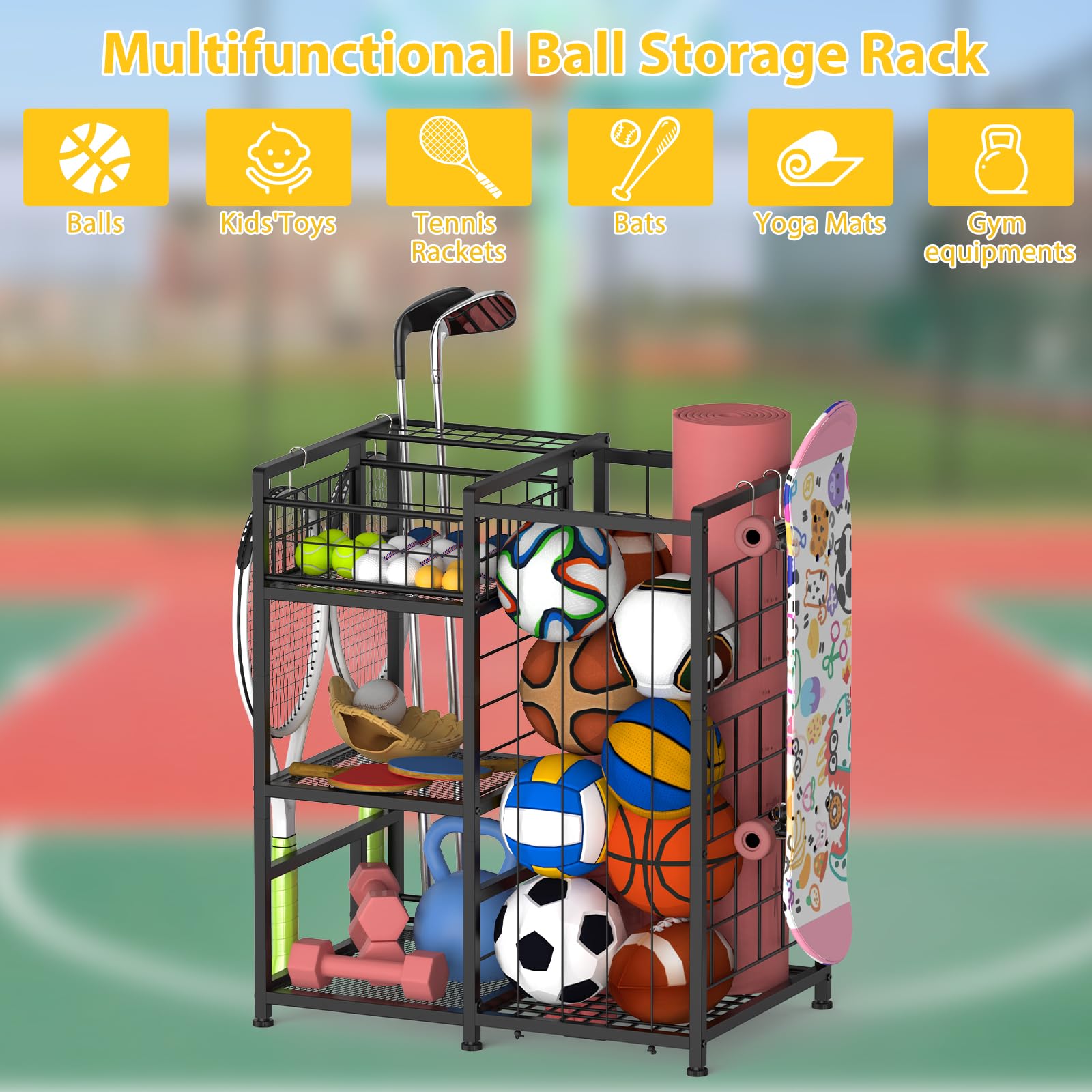 Nandae Soporte de Bolas de Metal, Estante Vertical para Bolas con Ganchos, Organizador de Equipos Deportivos para Habitaciones y Exteriores para Baloncesto, fútbol, Voleibol, Golf