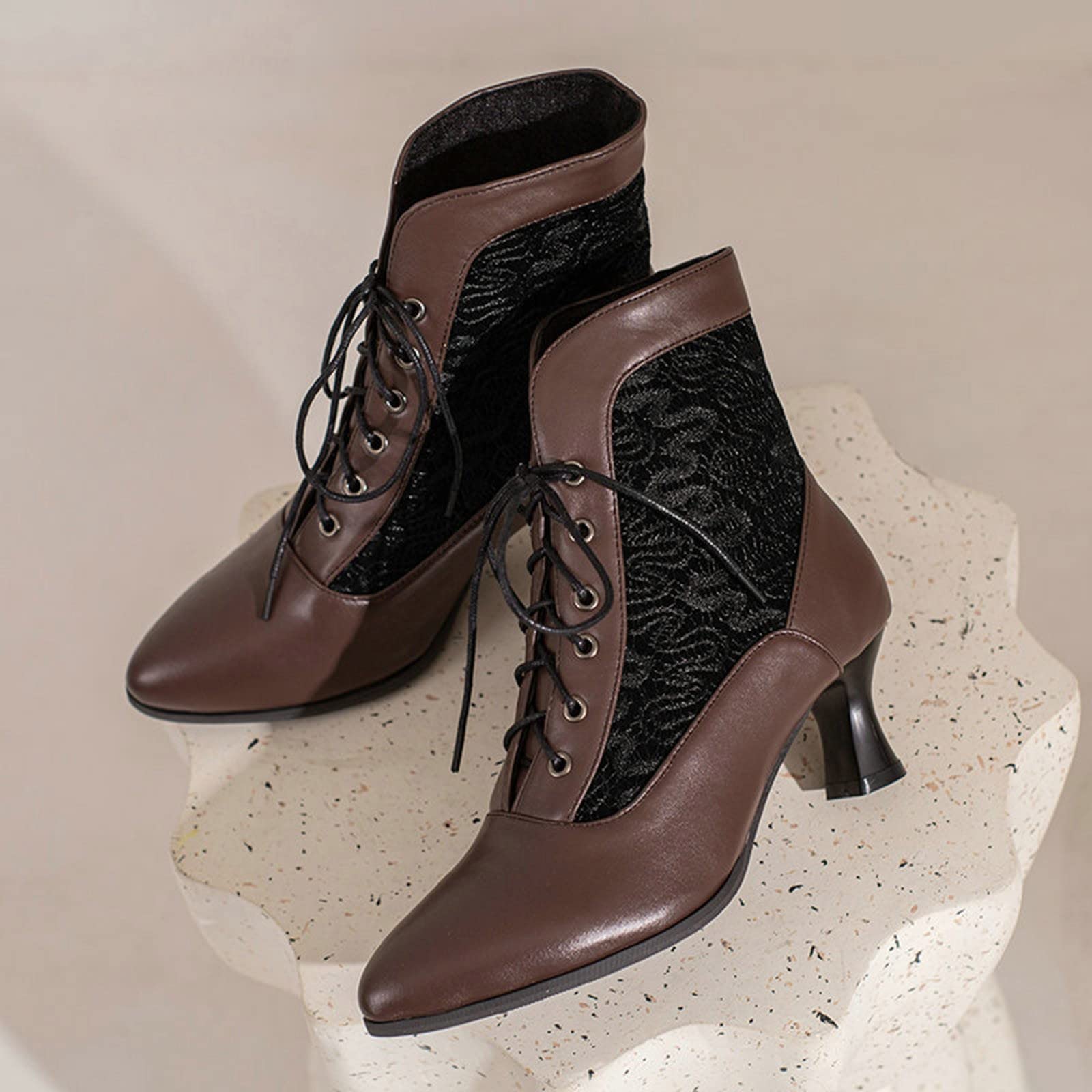 Botines de mujer de invierno elegantes de encaje con puntera hueca cómoda con cordones delanteros