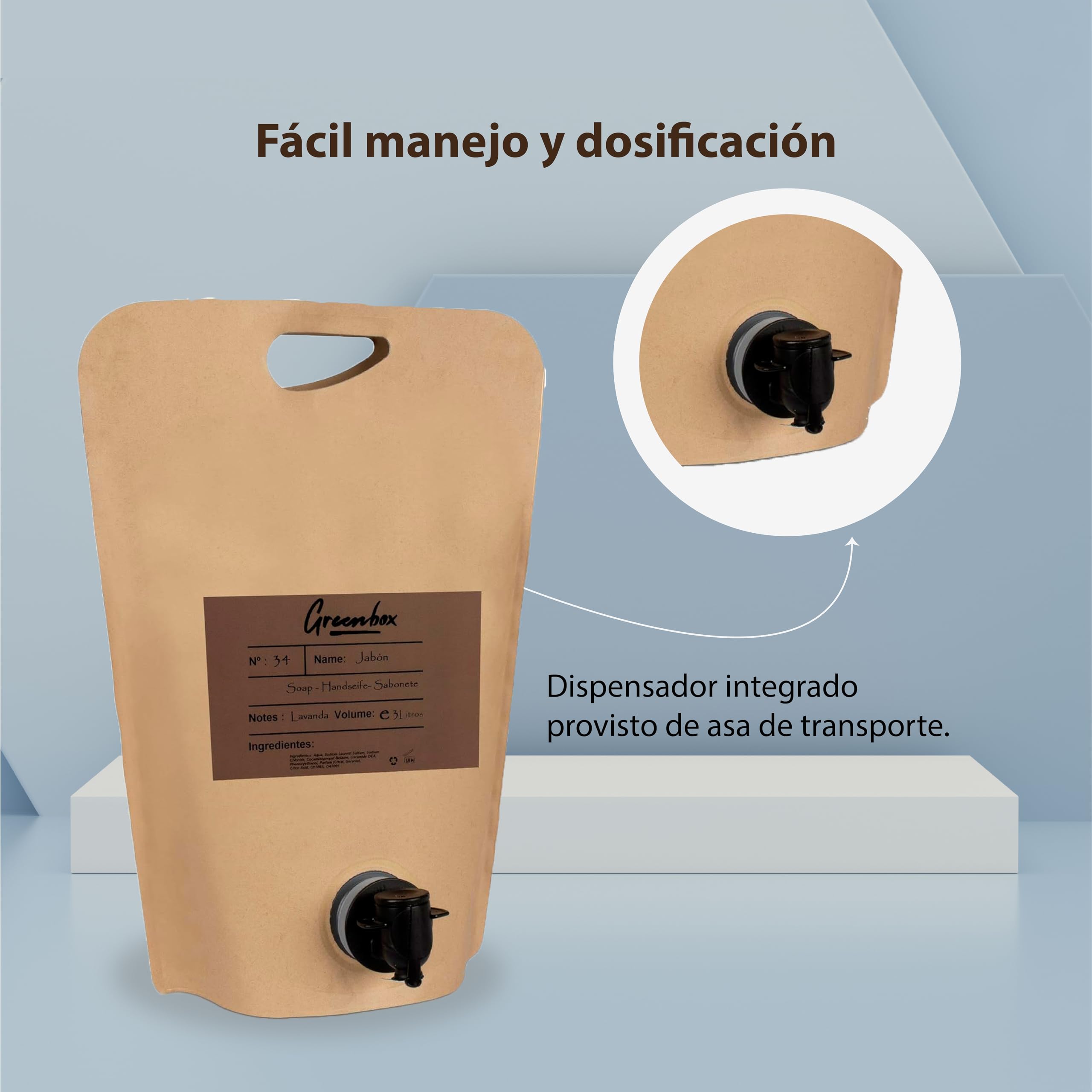 Ricarica sapone mani in "bag in box" BIO - sapone mani idratante 3L. Imballaggio ecologico e maniglia per il trasporto. Risparmia denaro e aiuta l'ambiente.