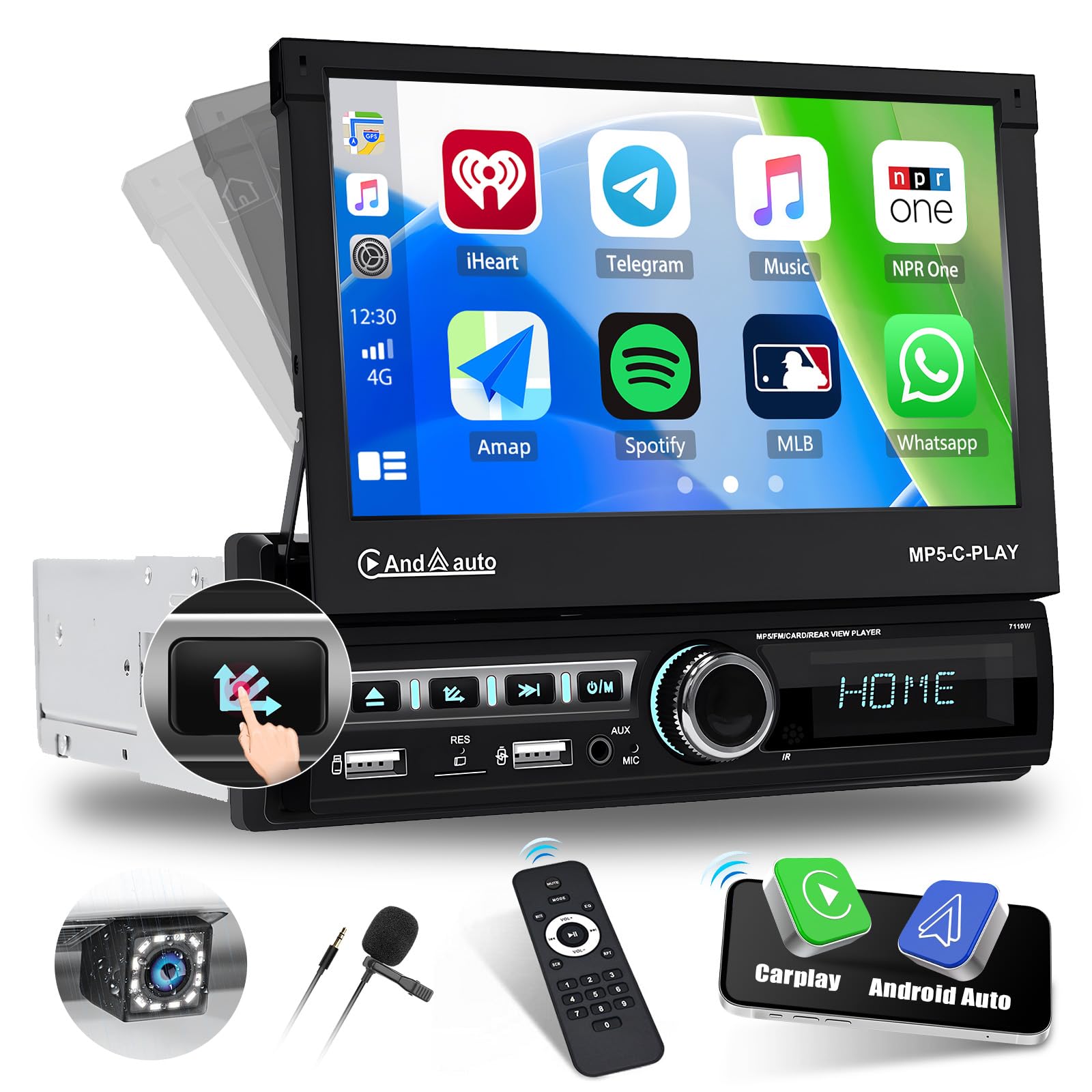 CAMECHO Autoradio 1 Din avec sans Fil Carplay & Android Auto, Ecran Motorisé Extensible Rétractable de 7 Pouces Poste Radio Voiture avec Mirror Link Bluetooth FM/RDS EQ USB AUX SWC Caméra de recul+MIC