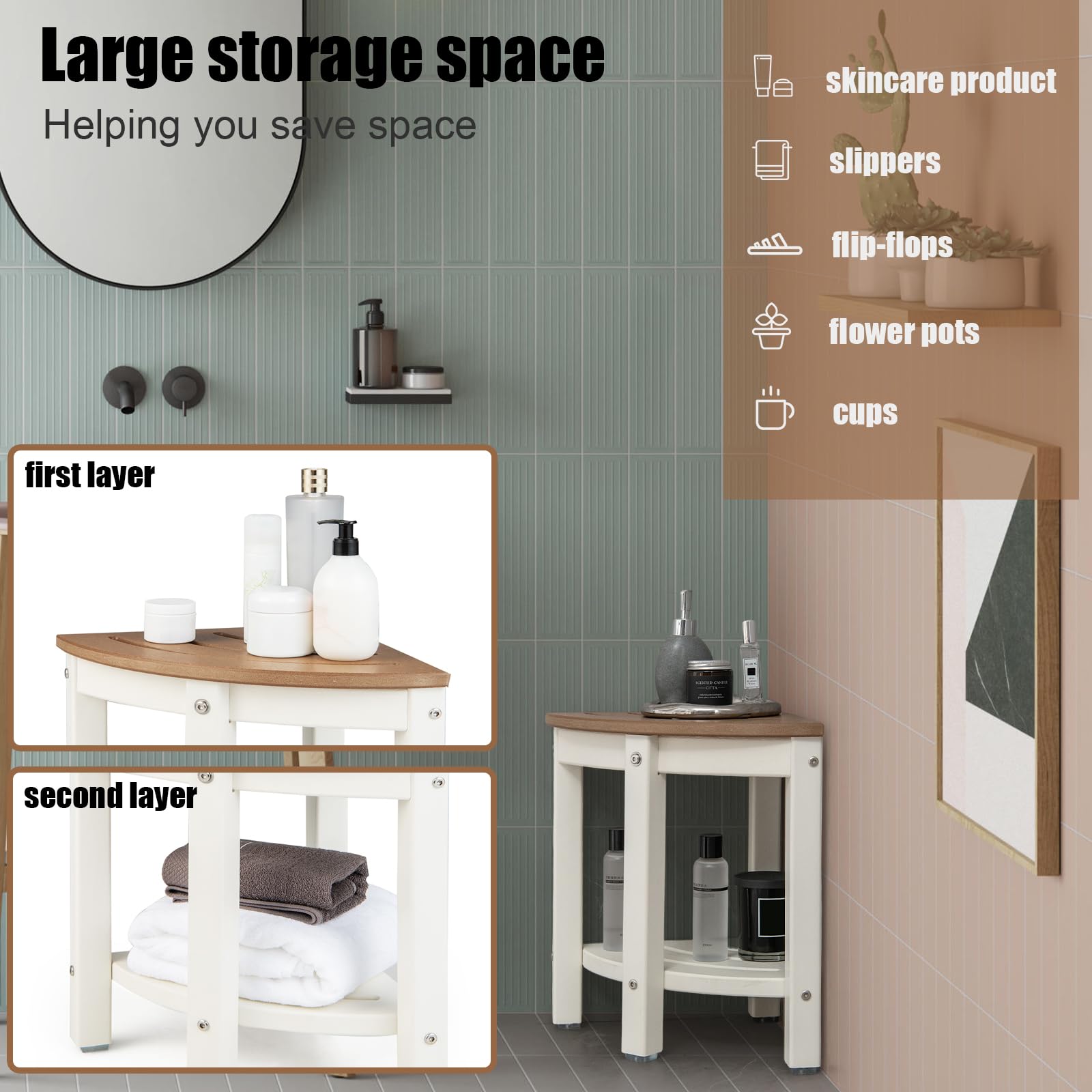 HOMASIS Sgabello Bagno a Ventaglio, Sgabello per Doccia a 2 Ripiani, Sedia Multiuso in HDPE, Sgabellino Basso e Salvaspazio, Impermeabile e Antiscivolo, Portata 150kg, 32,5 x 43,5cm (marrone)