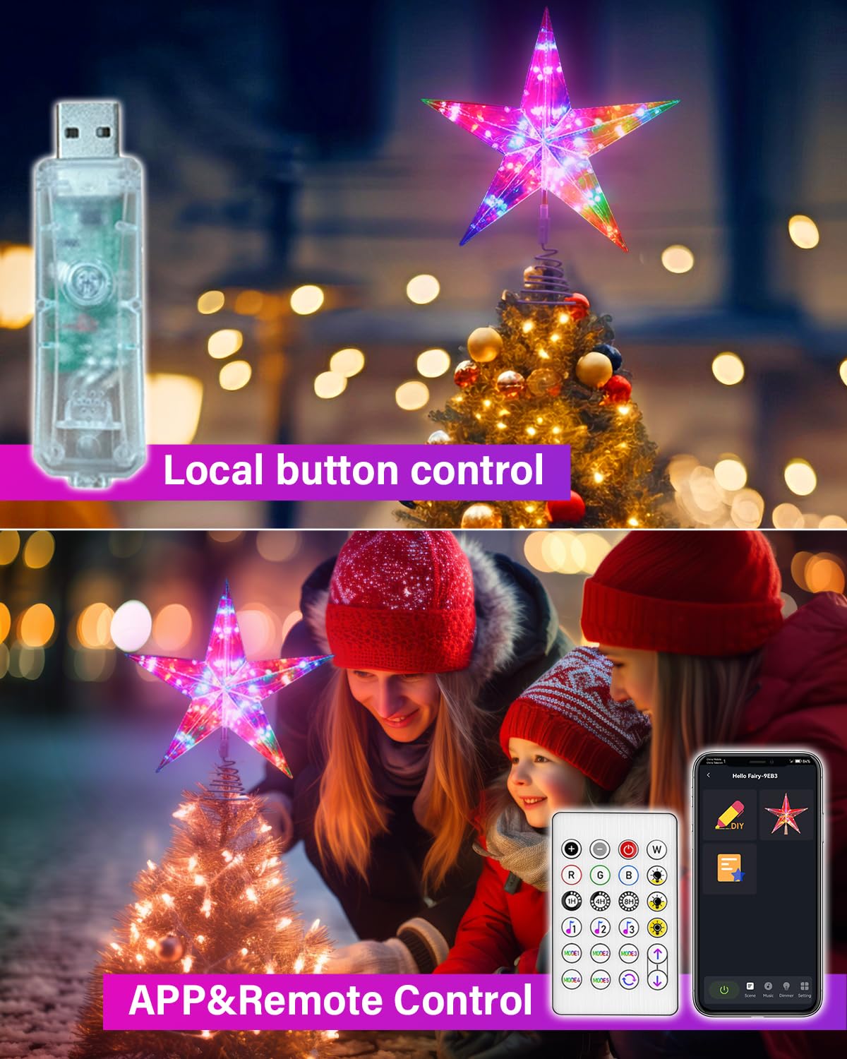Decoración para árbol de Navidad con aplicación inteligente y control remoto, decoración de estrella de Navidad iluminada con bricolaje, regulable, música, temporizador, estrella de árbol de Navidad