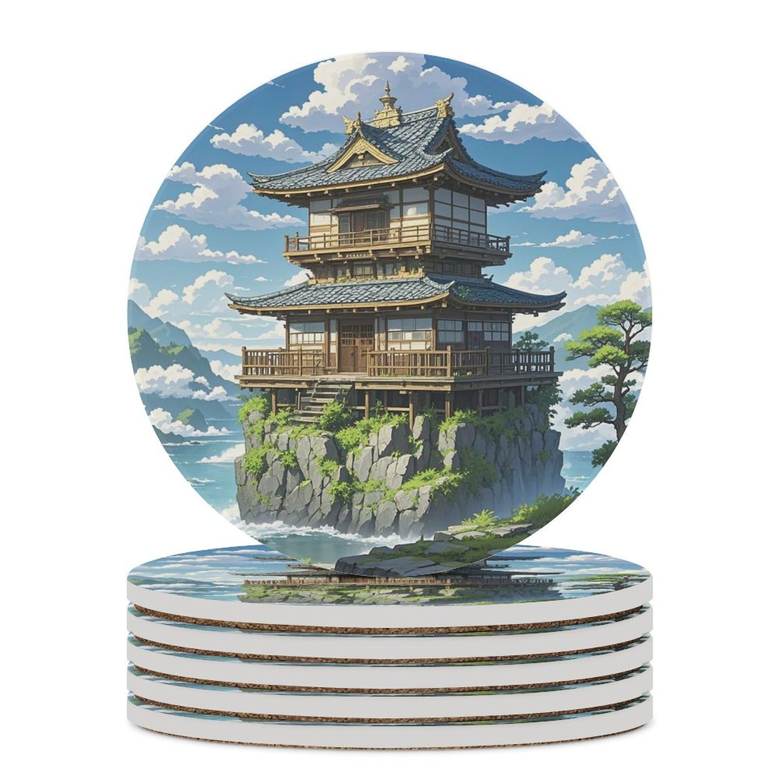 Dessous de verre en céramique de prestige style japonais avec support liège rond