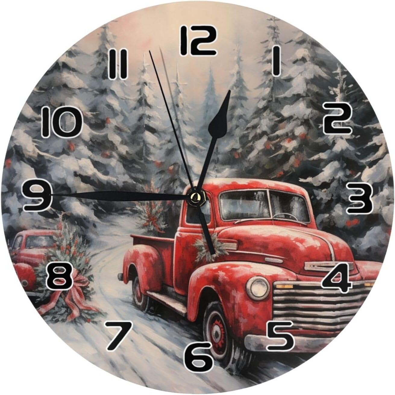 Wall Clock Winter Red Old Truck Chrismas Trees Round Wall Clock 10 Inch Silent Non Ticking Battery Operated Clock for Living Room Bedroom Kitchen School Decor Gift