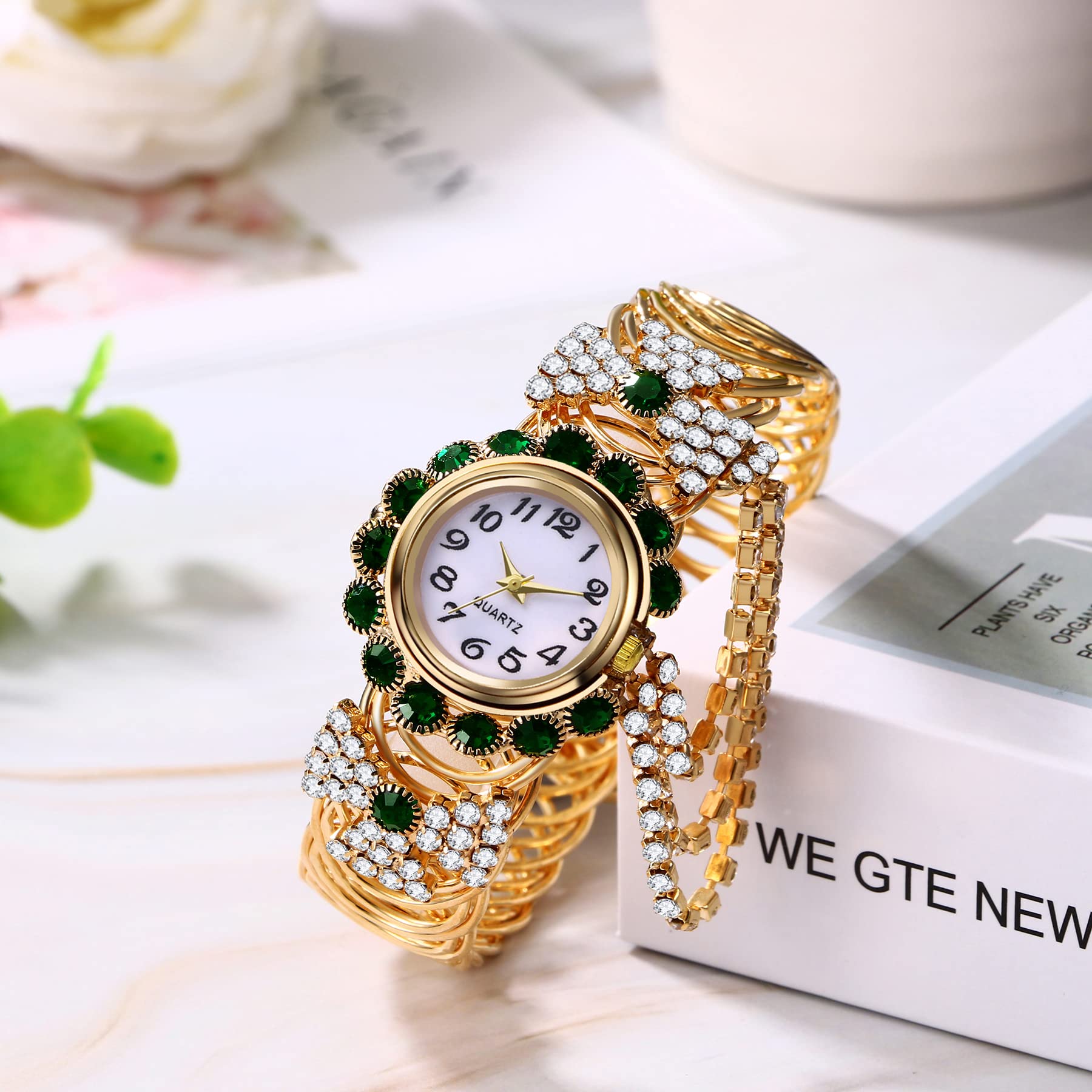 JewelryWe Iced-Out zegarki dla kobiet kolorowe stras złota bransoletka zegarek analogowy kwarcowy błyszczący codzienny zegarek do sukienki, na Dzień Matki
